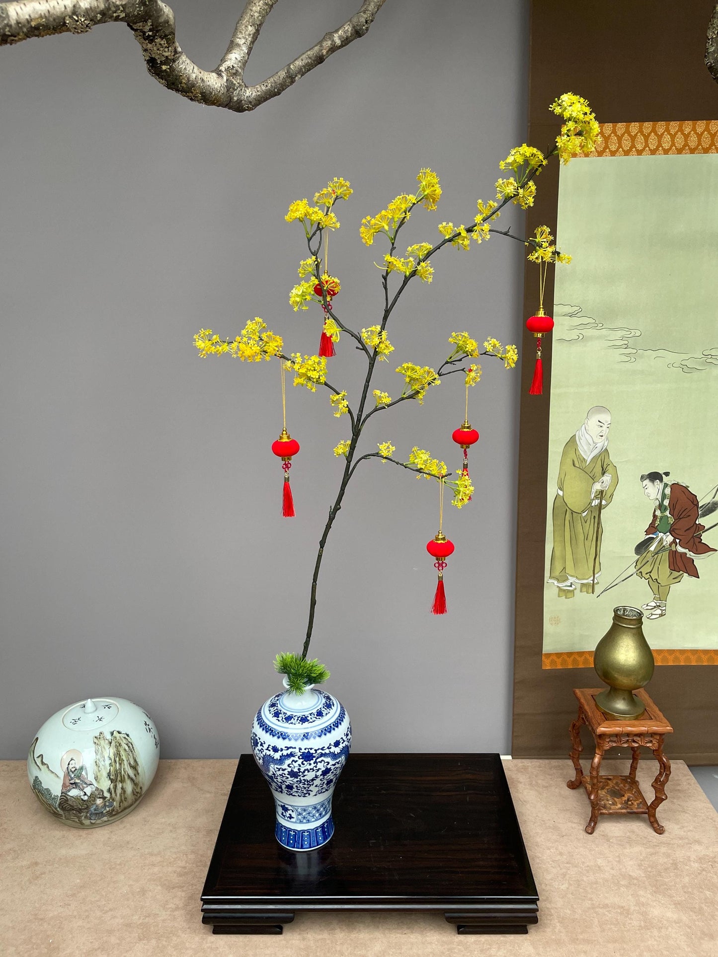 Realistic Faux Cornus Officinalis Yellow Flower Branch - Japanese Cornel Dogwood Artificial Stem Zen Minimalist Home Decor Tea Room Ornament