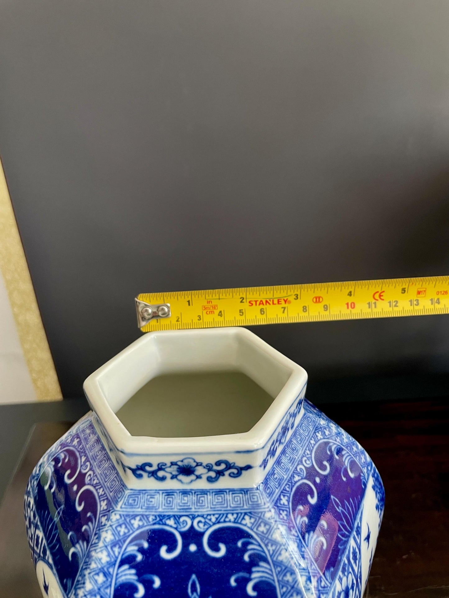 Hand Crafted Blue & White Hexagon Porcelain Vase with Lid | Six Sided 30cm Ceramic Temple Jar | Unique Multi Panel Chinoiserie Decor