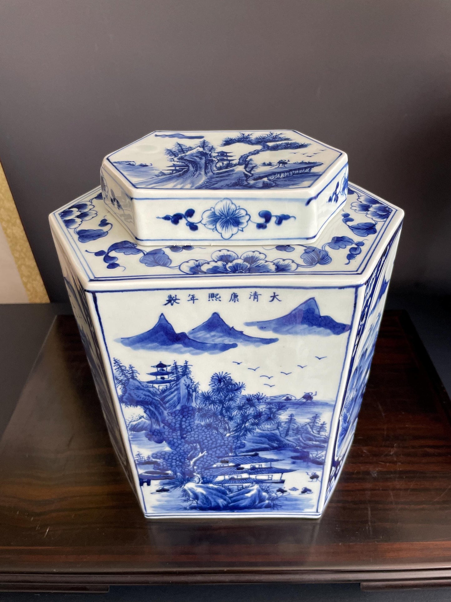 Hand Painted Blue & White Hexagon Porcelain Vase with Lid | Six Sided Xiang Qi Hand Pressed Ceramic Jar | Chinoiserie Decor Vessel