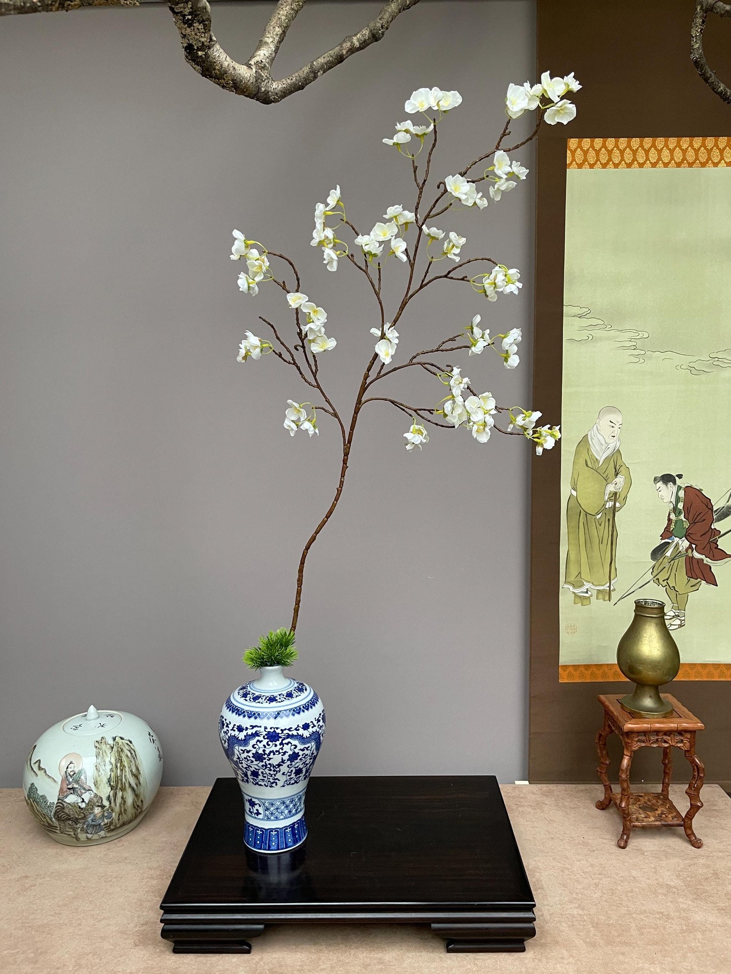 Realistic Faux White Plum Blossom Branch - Prunus Mume Artificial Silk Flower - Zen Minimalist Home Decor  Winter Plum Blossom Arrangement