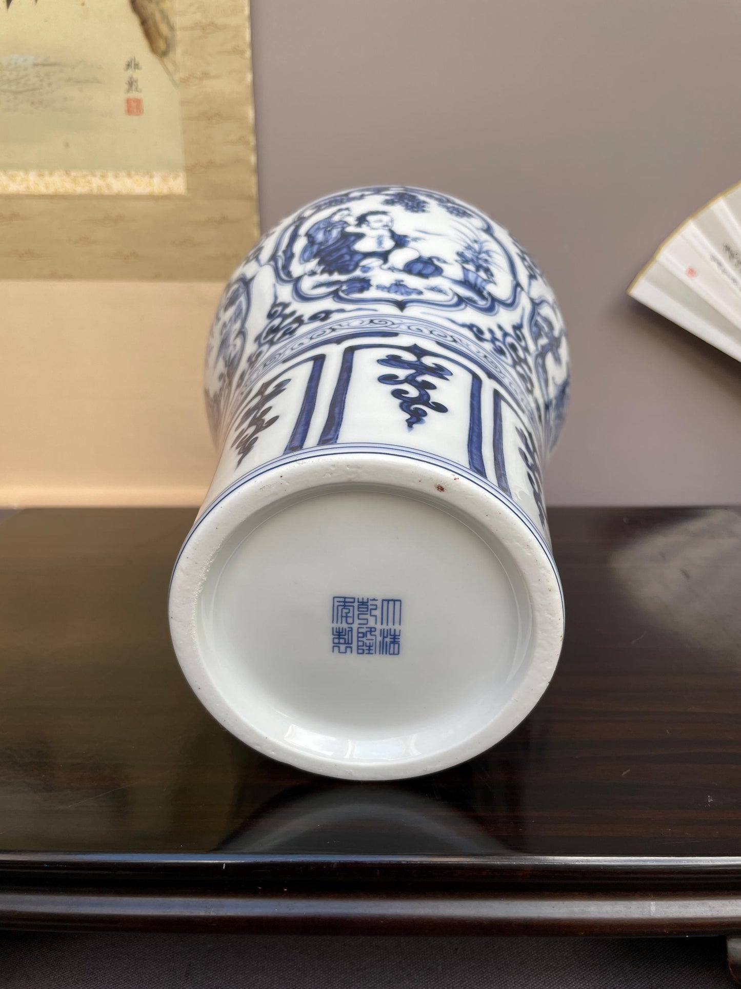 Hand Painted Blue and White Meiping Vase Porcelain Plum Vase Ceramic Chinoiserie Figural Motif Luxury Oriental Art Fine Pottery Centerpiece