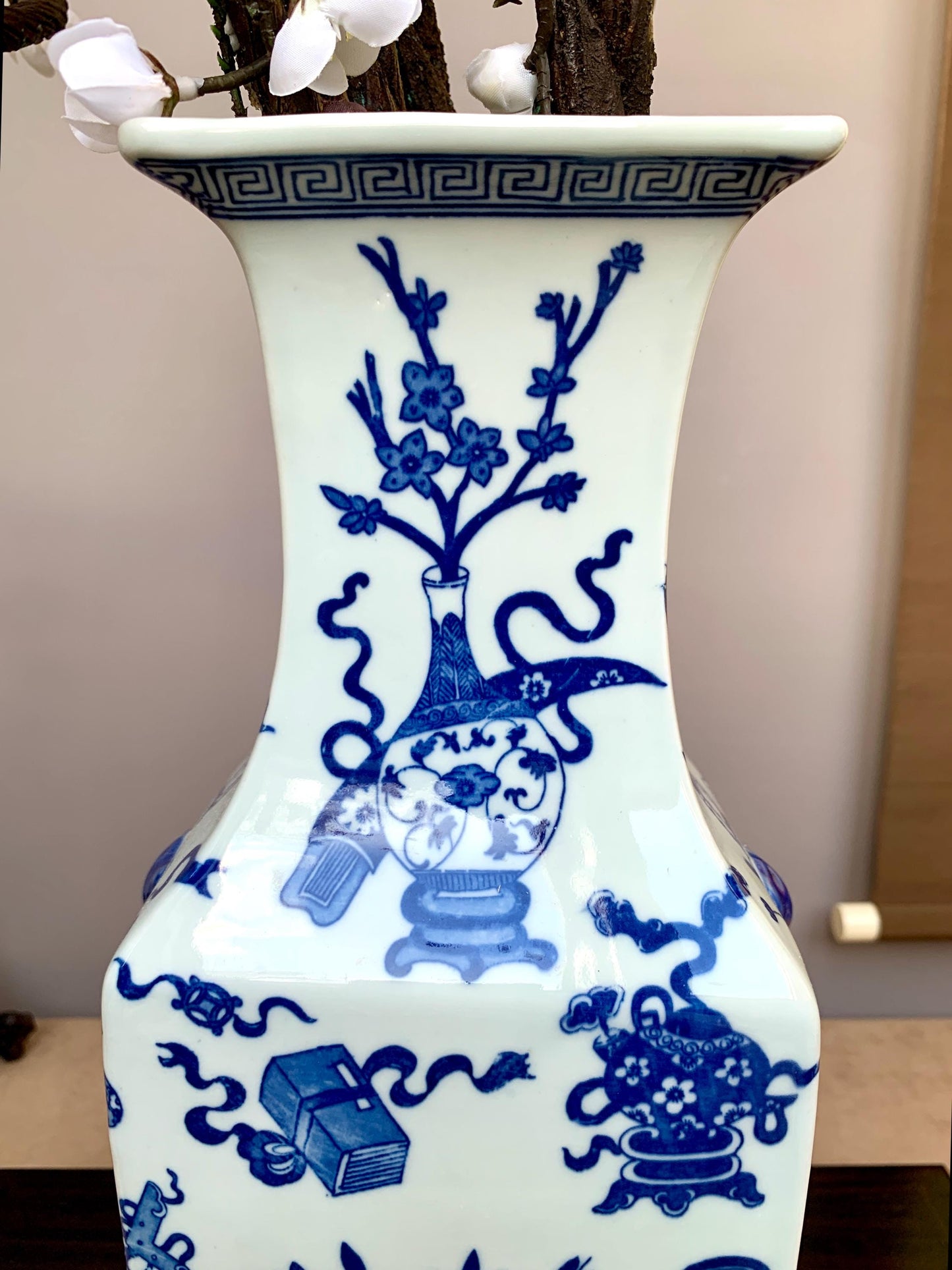Tall Hand-Crafted Blue and White Square Vase Rare "Hundred Antiques" (Bogu) Motif Heavy Premium Porcelain Traditional Scholar's Studio Decor