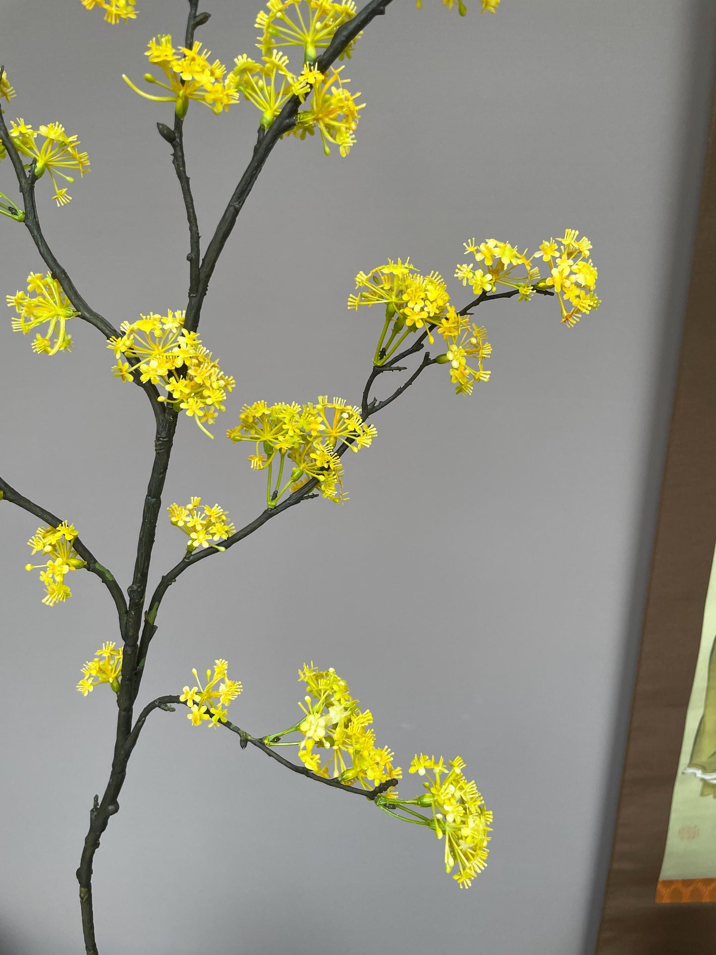 Realistic Faux Cornus Officinalis Yellow Flower Branch - Japanese Cornel Dogwood Artificial Stem Zen Minimalist Home Decor Tea Room Ornament