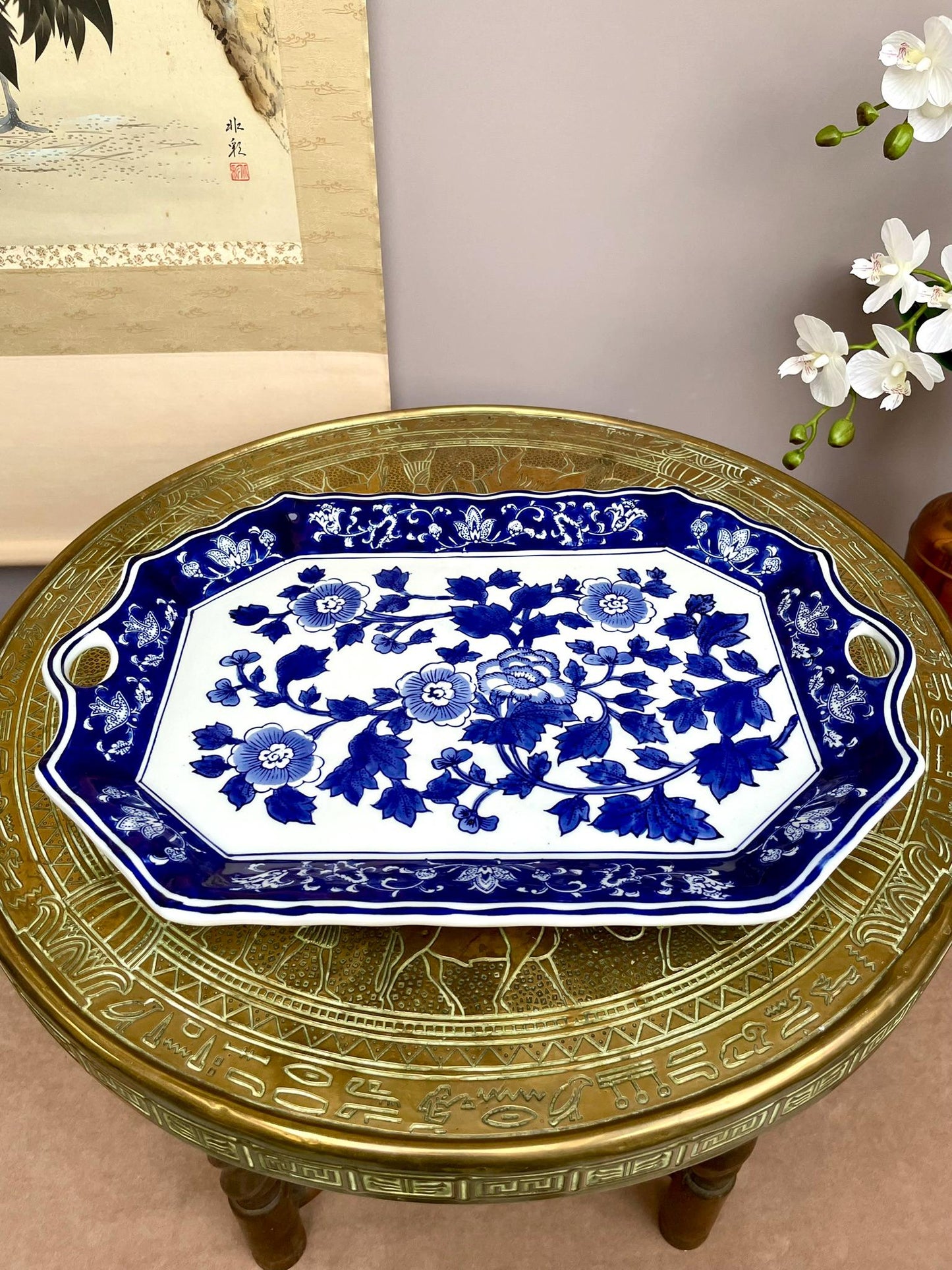 Large Blue and White Porcelain Serving Tray • Handcrafted Prestige Floral Platter • Luxury Home Décor Elegant Table Center piece