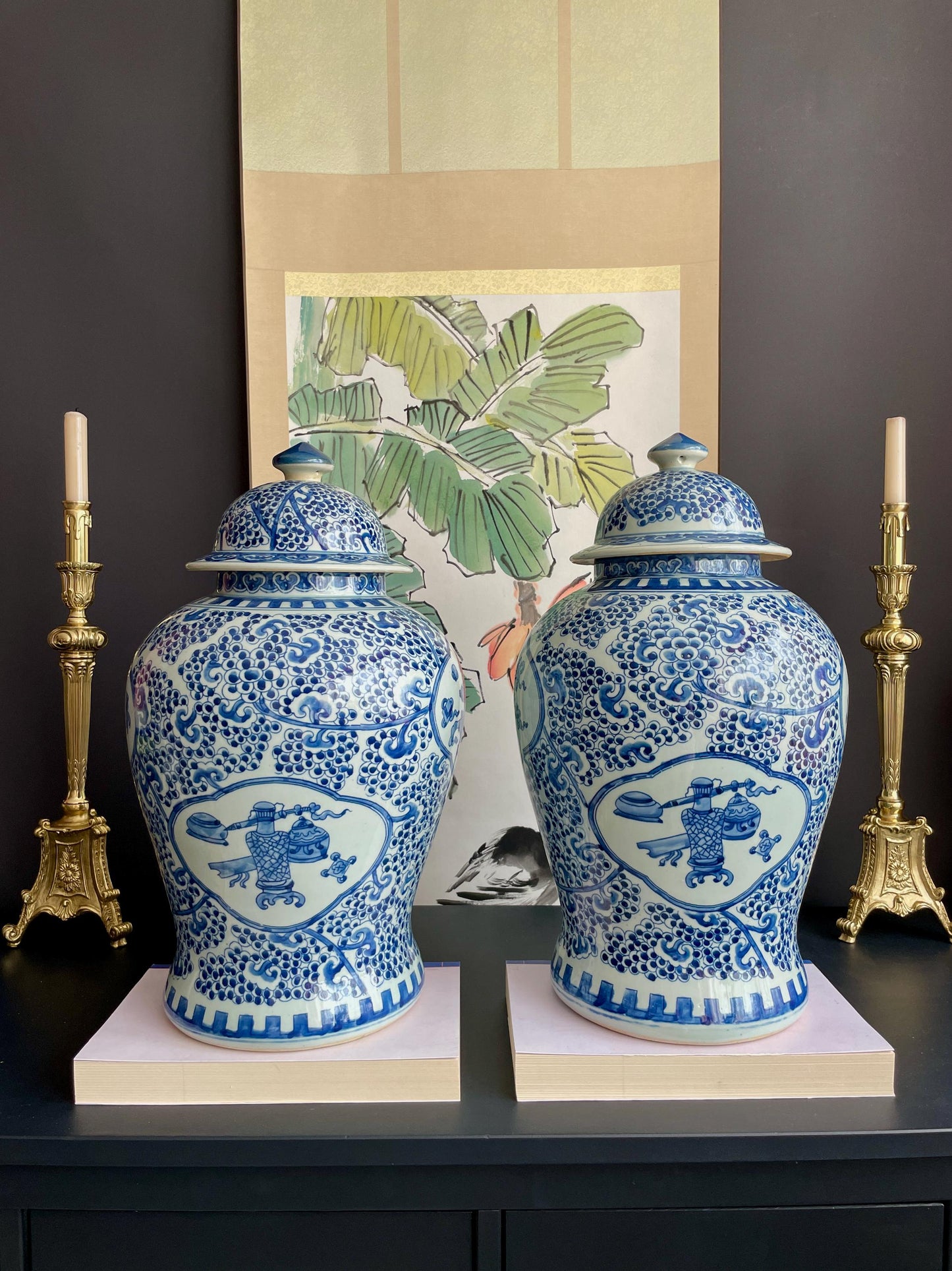 Monumental 50cm Hand-Painted Blue White Temple Jar Pair | Super-Sized Prunus & Antiquities Motif Covered Ginger Jars
