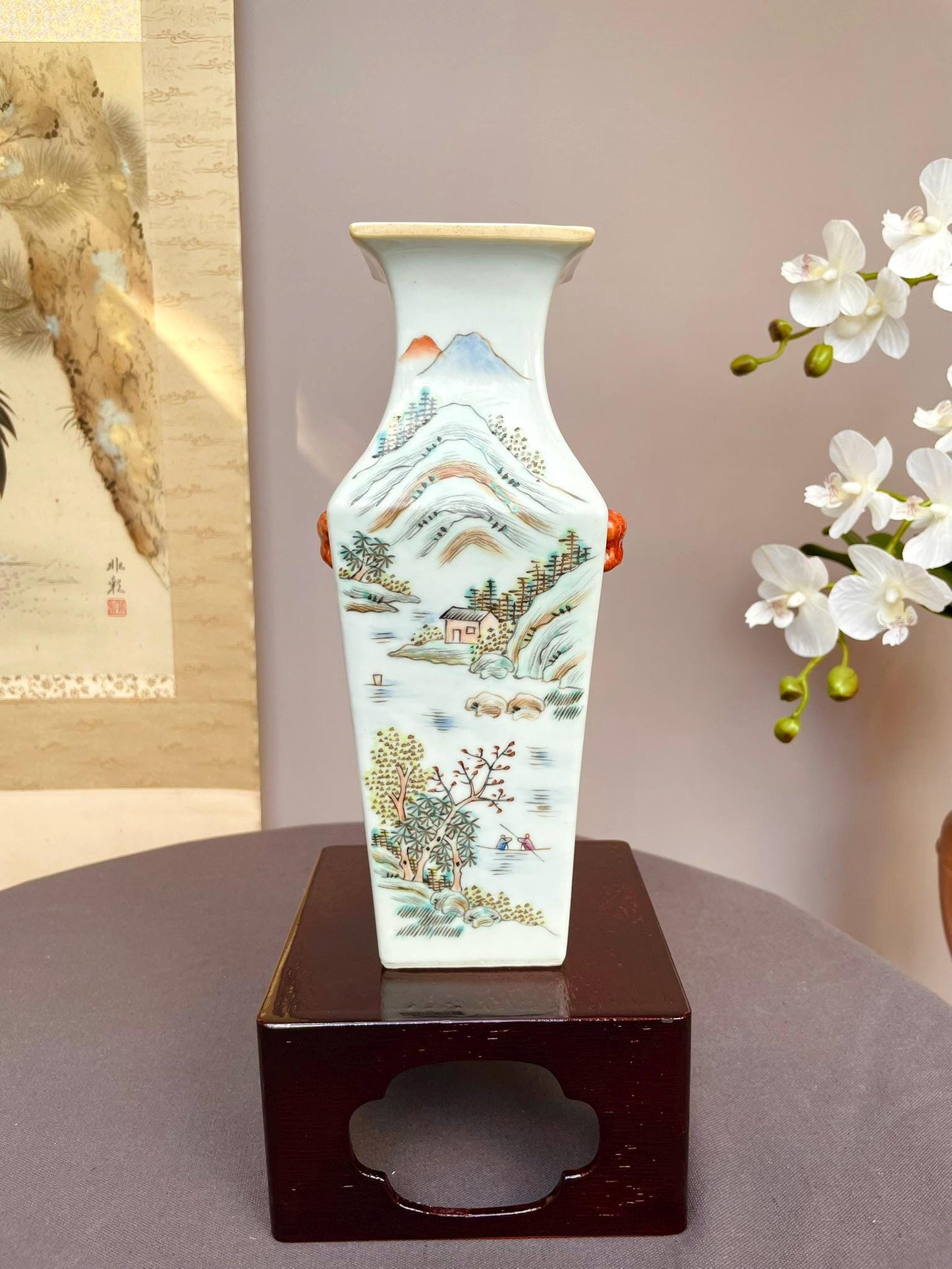 Hand-Painted Qianjiang Style Vase | Scholar collector.  Poem & Landscape Calligraphy | Multi-Fired Chinese Ceramic Art