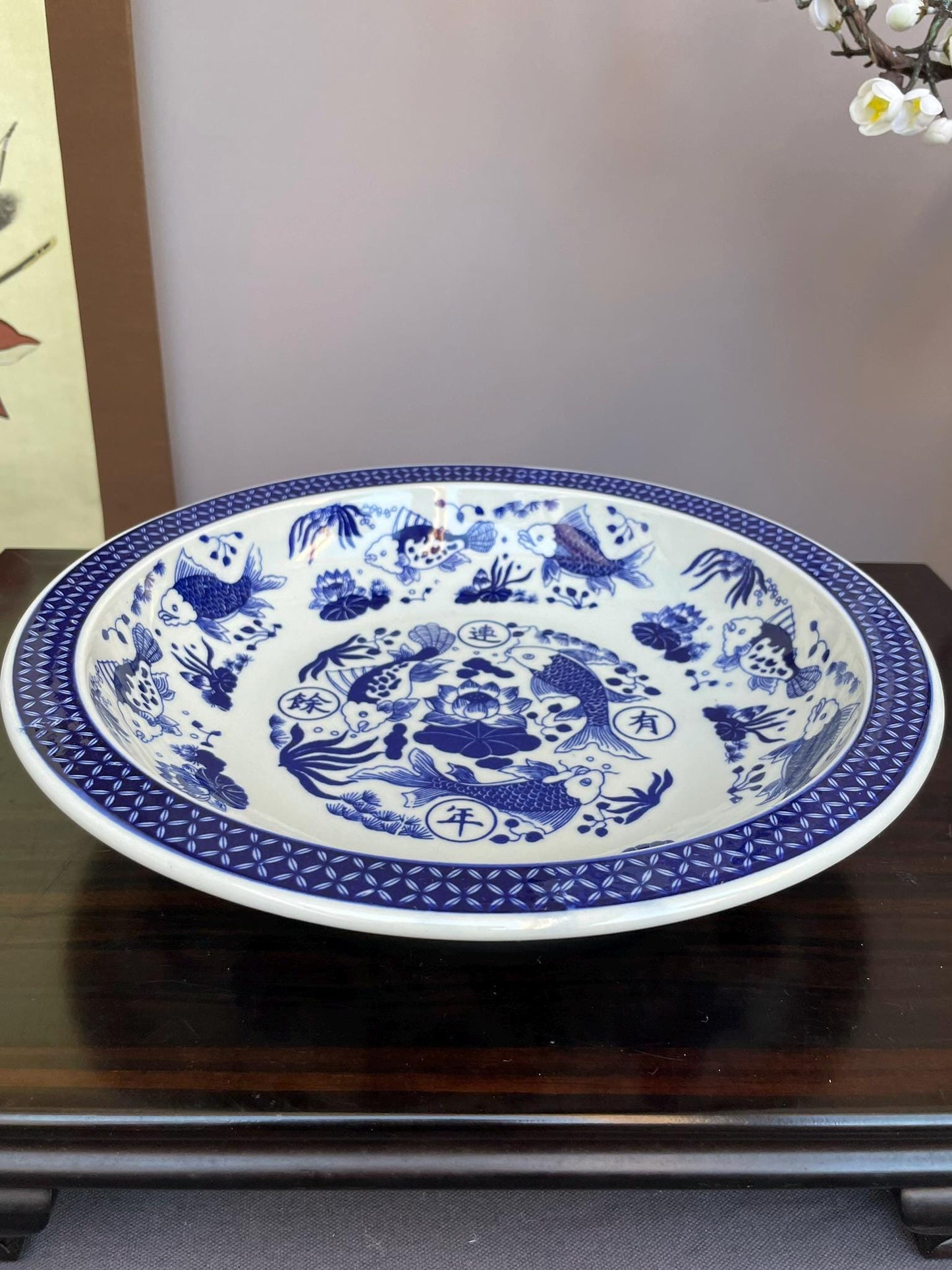Large Flared Rim Porcelain Bowl • Wide Shallow Blue & White Display Bowl • Decorative Serving Vessel • Oriental Art Centerpiece