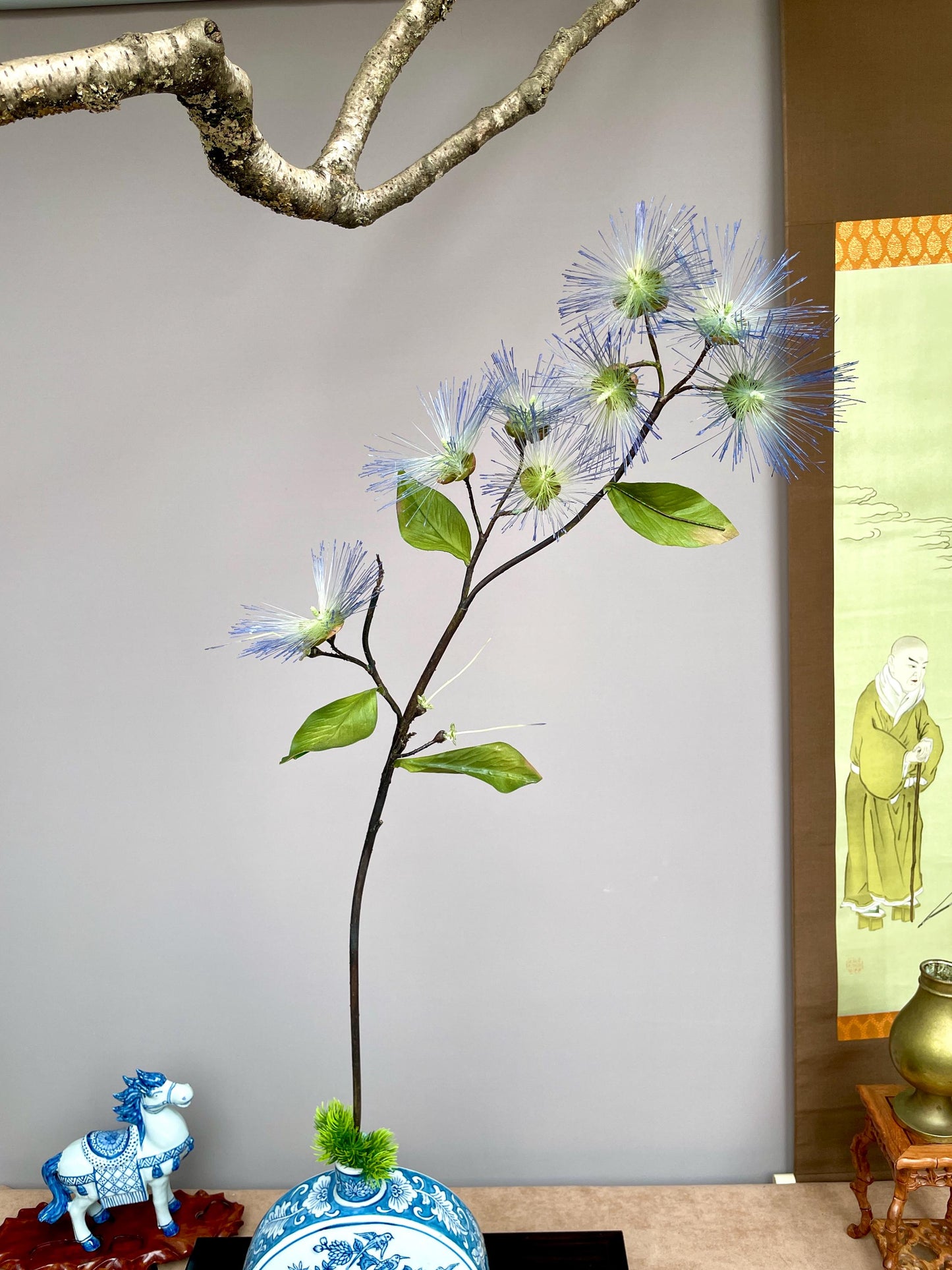 Realistic Blue Powder Puff Flower Branch - Artificial Calliandra Silk Tree Stem Zen Minimalist Home Decor Blue Pom Pom Branch High-End Faux