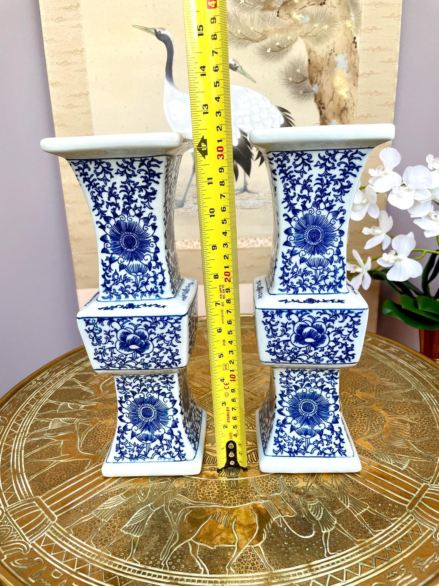 pair of Blue & White Porcelain Altar Candle Holders • Imperial Ritual Vessel Pair • Heaven–Earth–Human 3 section  Chinoiserie Floral design