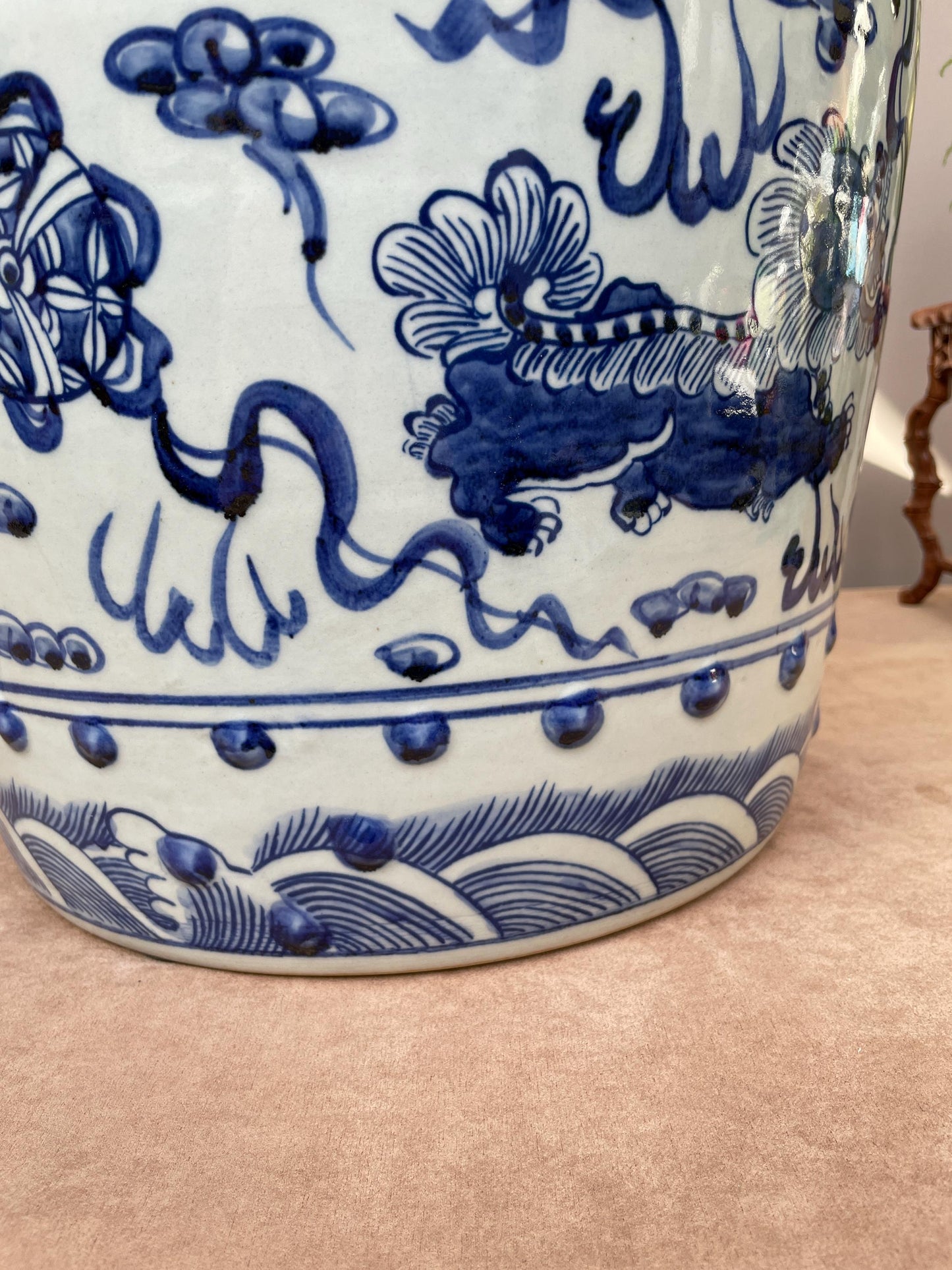 Large Blue and White Porcelain Garden Stool 100% Hand Painted Foo Dog Ceramic Seat, Chinoiserie Drum Stool, Guardian Lion Side Table Heavy.