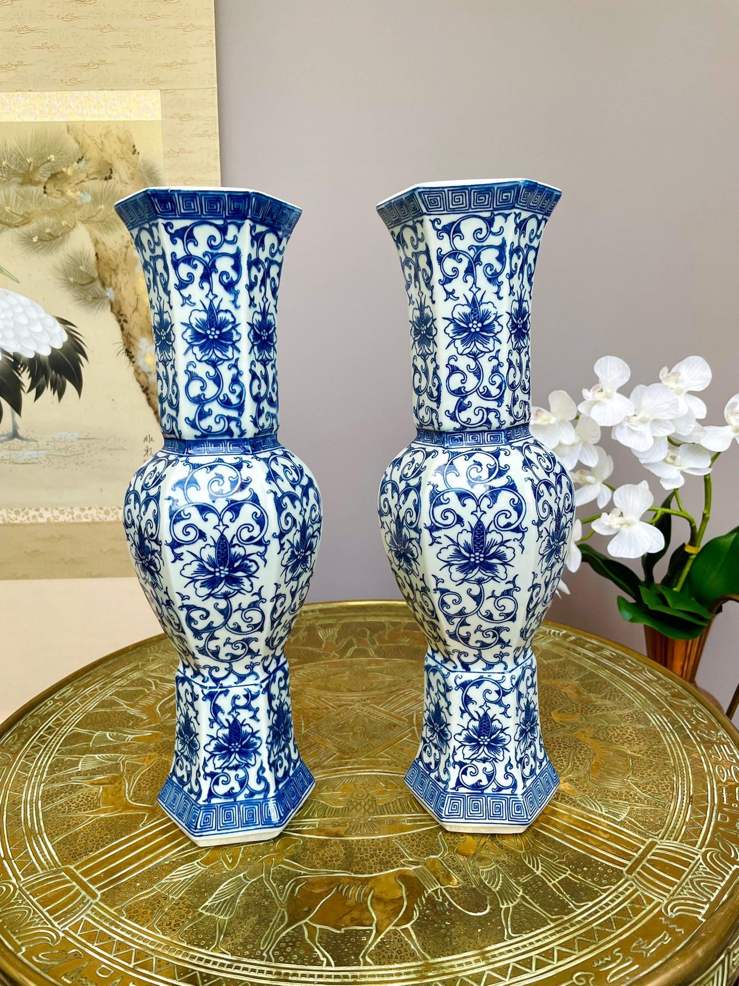 Pair of Blue & White Hexagonal Imperial Lotus Vases • Royal Ritual Vessel Form Six-Sided Classical Porcelain Pair Luxury Oriental Home Décor