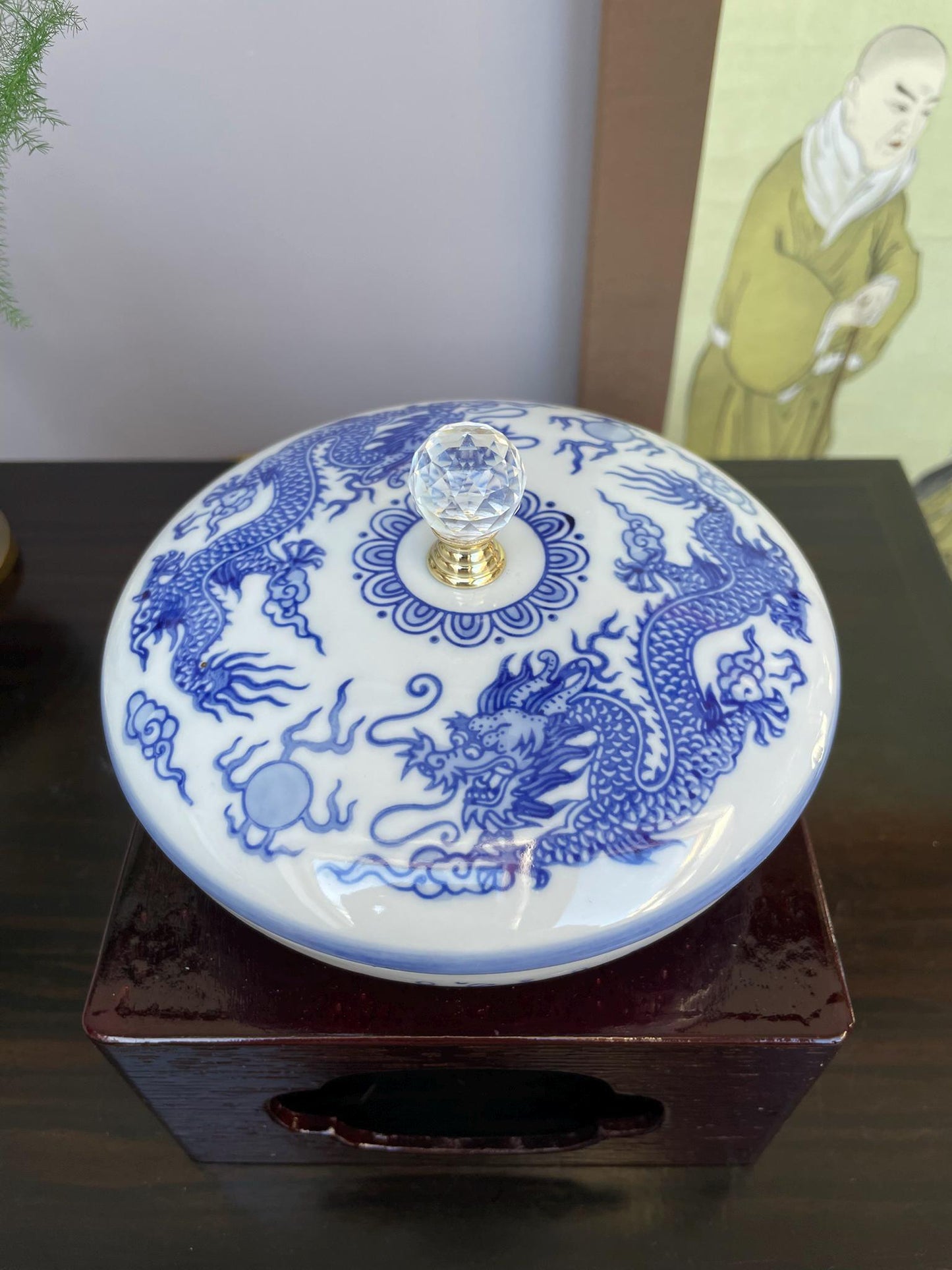 Hand-Crafted Blue and White Porcelain Dragon Jewellery Box - Lidded Trinket Jar with Crystal Knob - Chinoiserie Décor for Precious Item