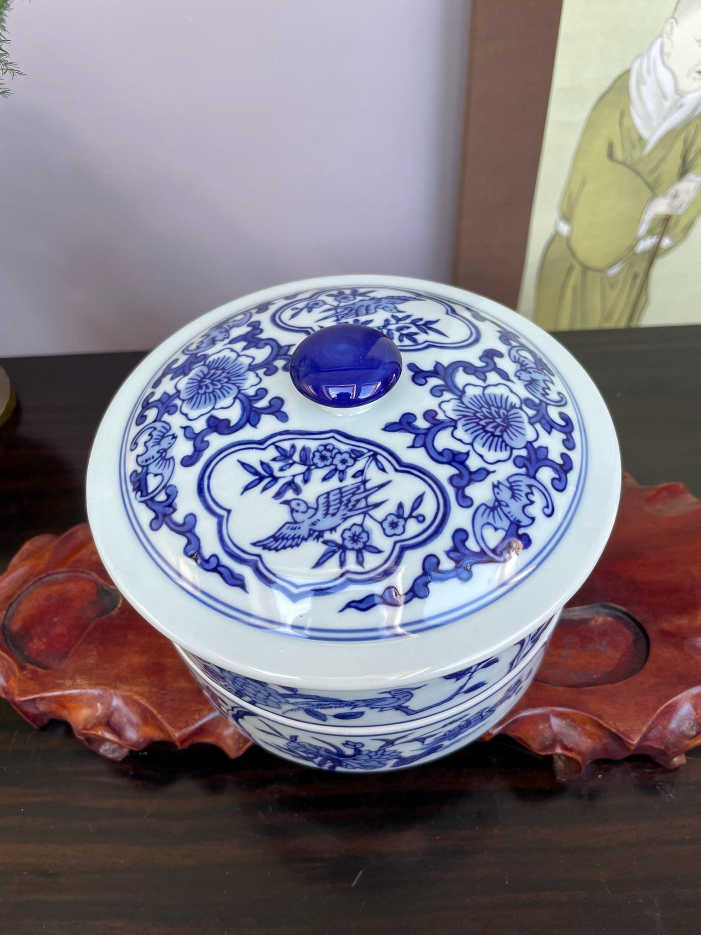 Blue and White Chinese Porcelain 2Tier Lidded Container Hand-Painted Floral & Bird Design Stacking Ceramic Storage Jar Functional Home Deco