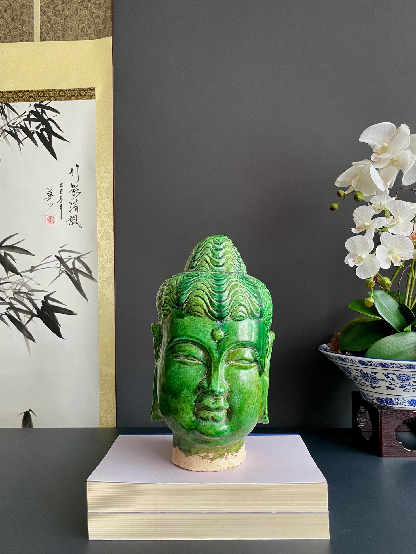 Rare Green Glazed Ceramic Buddha Head Statue, Chinese Ming Style Clay Sculpture, Zen Home Decor, Buddhist Altar Art, Spiritual Gifts
