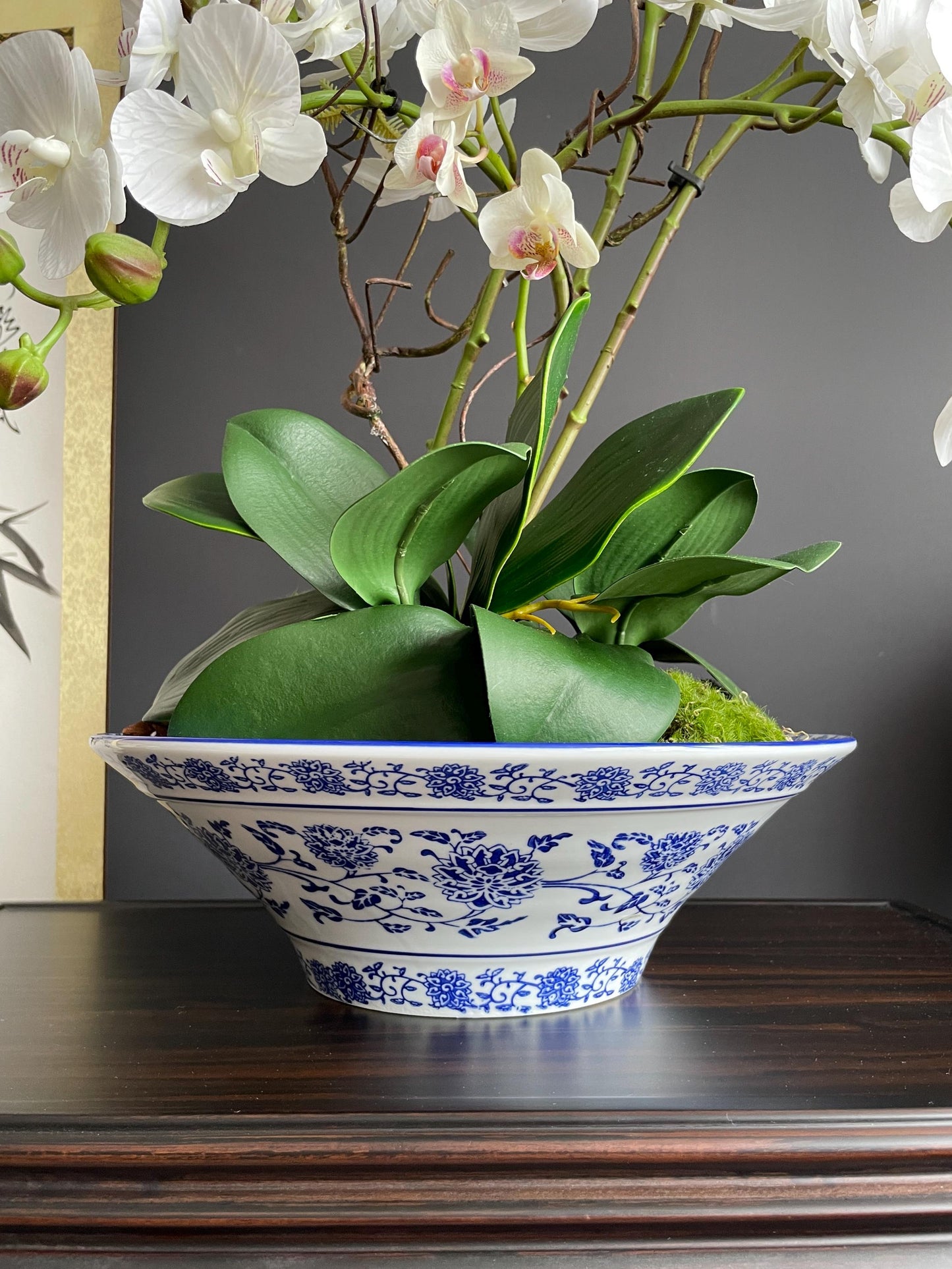 Hand Crafted Blue and White Porcelain Planter Bowl | Wide Chinese Lotus Vine Ceramic Pot | Chinoiserie Decorative Orchid Planter Basin