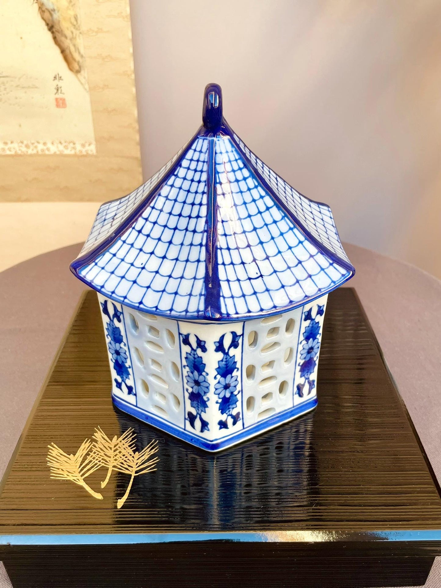 Blue and White Porcelain Pagoda Candle Holder | Handcrafted Ceramic Lantern Elegant Home Décor Accent | Curved Roof Design Tea Light Holder