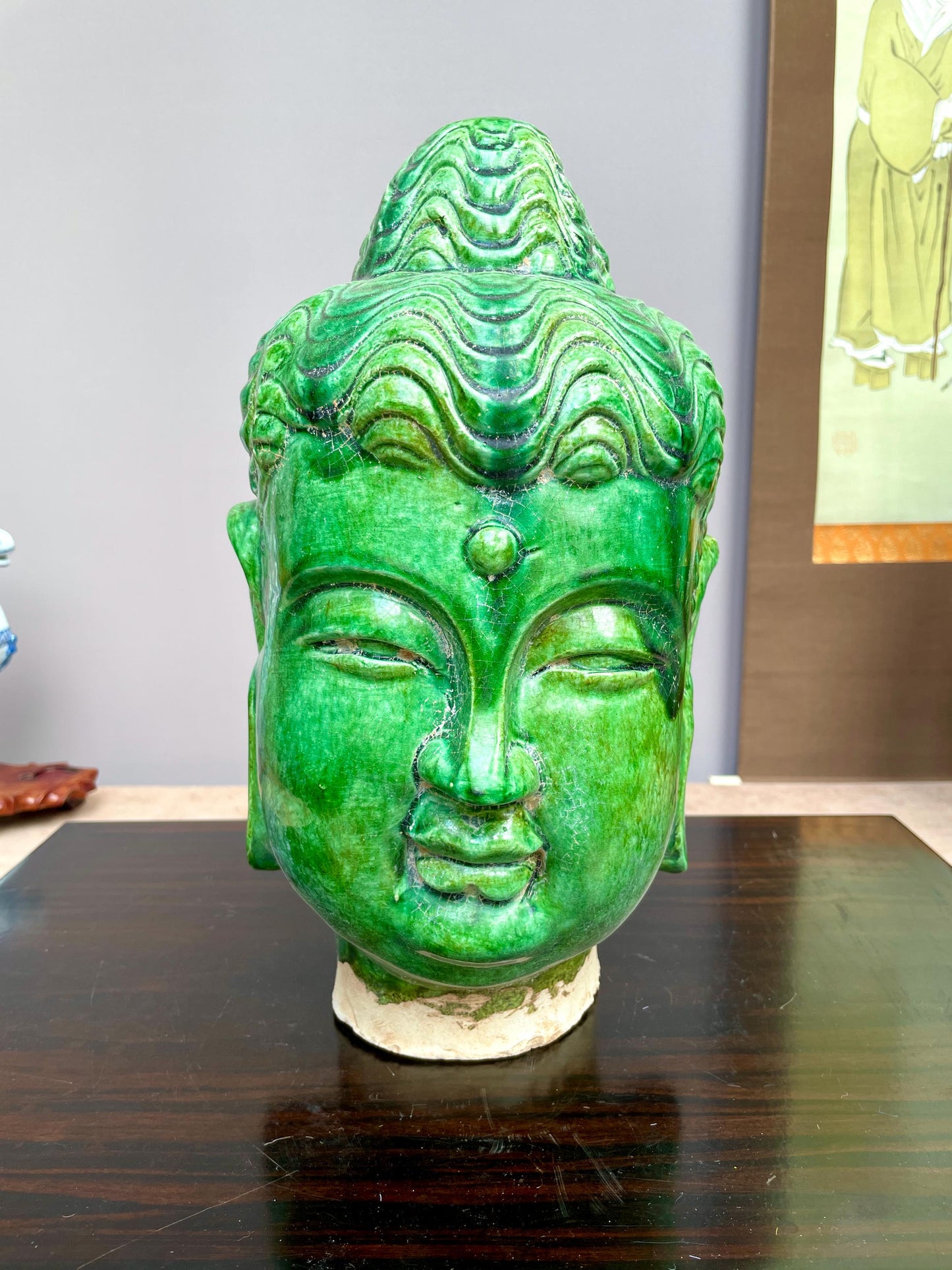 Rare Green Glazed Ceramic Buddha Head Statue, Chinese Ming Style Clay Sculpture, Zen Home Decor, Buddhist Altar Art, Spiritual Gifts