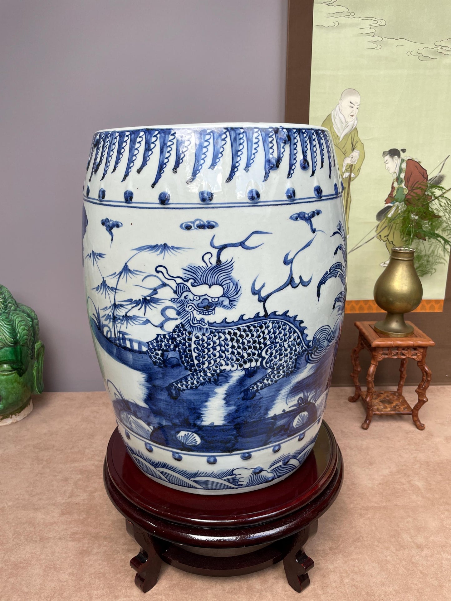 Large Blue and White Porcelain Garden Stool, Hand Painted Qilin Dragon Ceramic Seat Chinoiserie Drum Stool Oriental Decor, Rare Heavy SINGLE