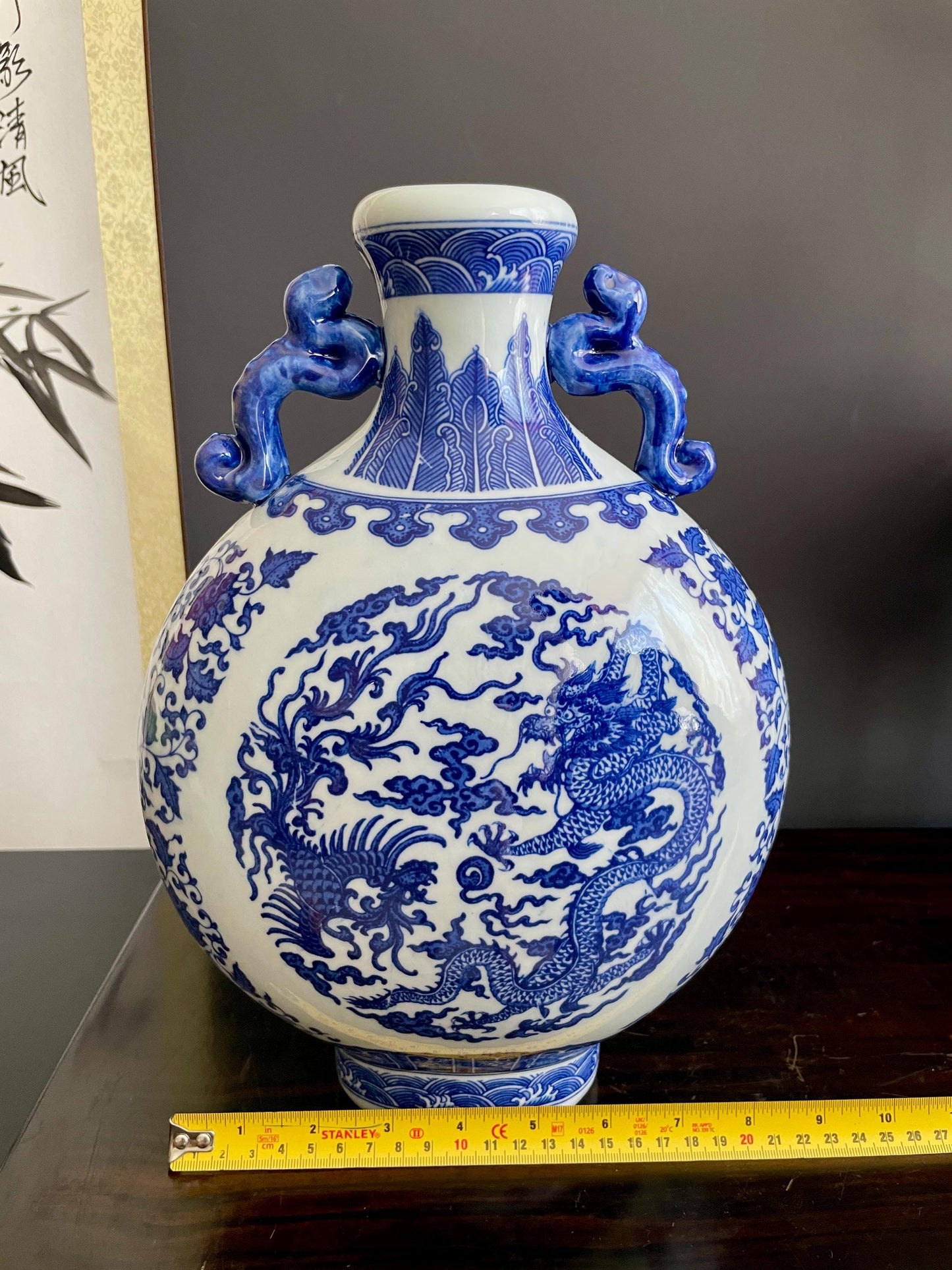 Hand Crafted Blue & White Moonflask Vase with Handles | 31cm Dragon Phoenix Porcelain Vessel Large Chinoiserie Collector Pottery