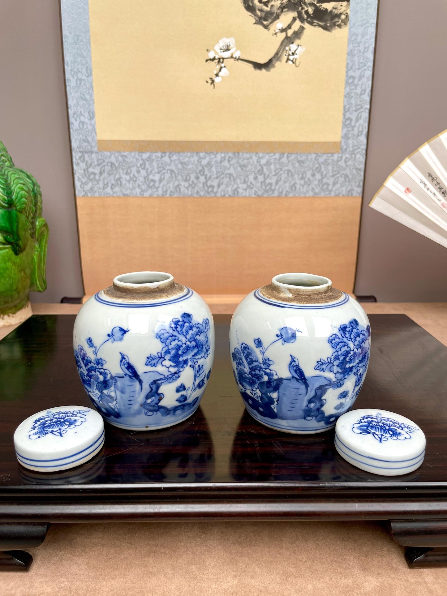 Hand Painted Cobalt Blue Floral Ginger Jars Traditional Scholar Style Porcelain Urns Oriental Bird Peony Decorative Jars Blue White Gift Set