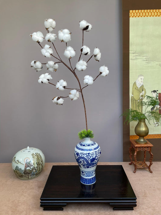 Hand-Crafted Artificial Cotton Branch with Natural Shells - Rustic Farmhouse Decor - Realistic Faux Cotton Stem for Minimalist Home Accents