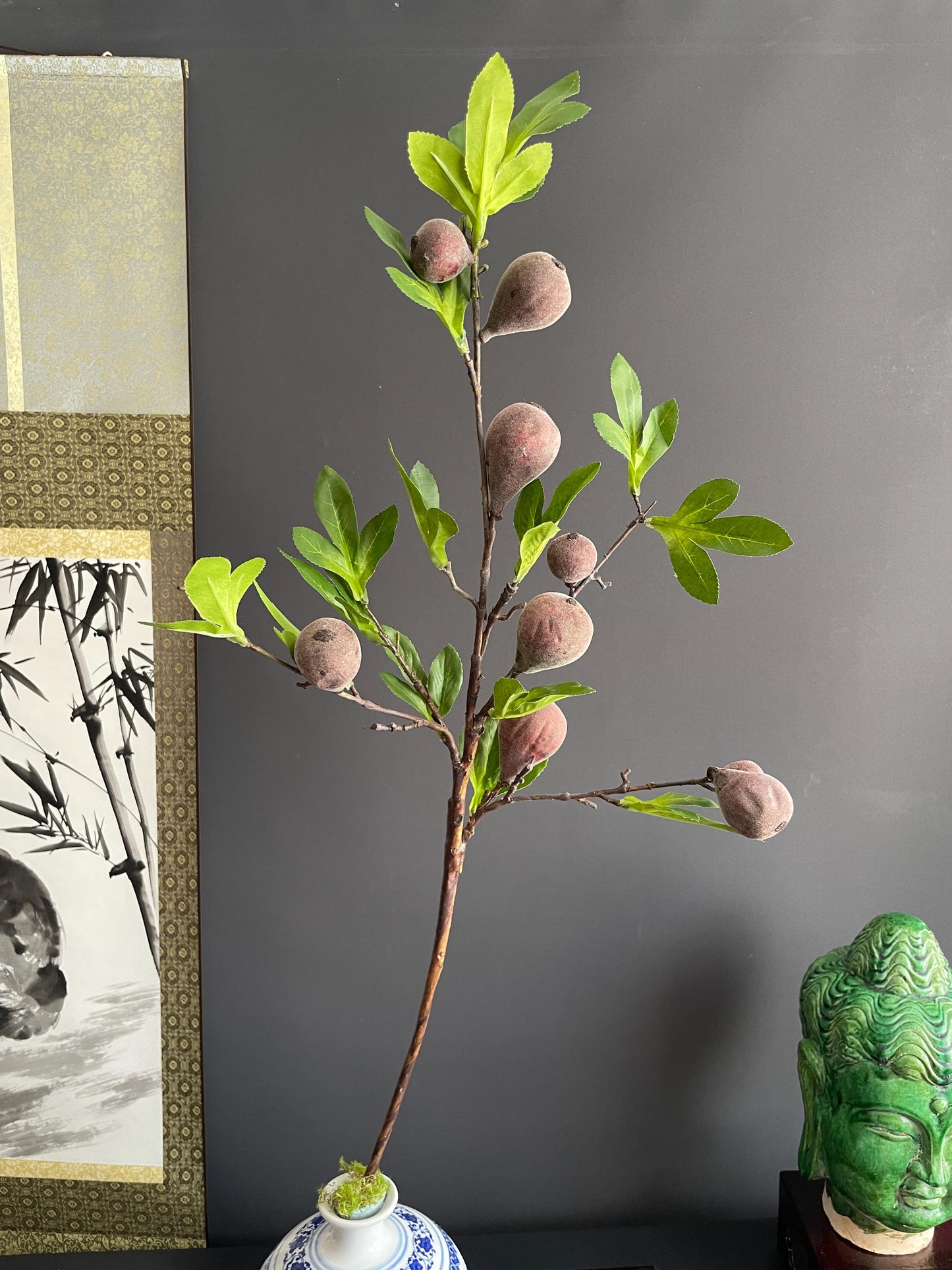 Architectural Faux Greenery Branch | Artisanal Artificial Fig Stem | Unique Botanical Accent for Eclectic Interiors