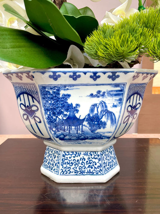Blue & White Hexagonal Footed Bowl Scenic Landscape Porcelain Centerpiece irregular hexagon Oriental Art Bowl Luxury Decorativ drainage opts
