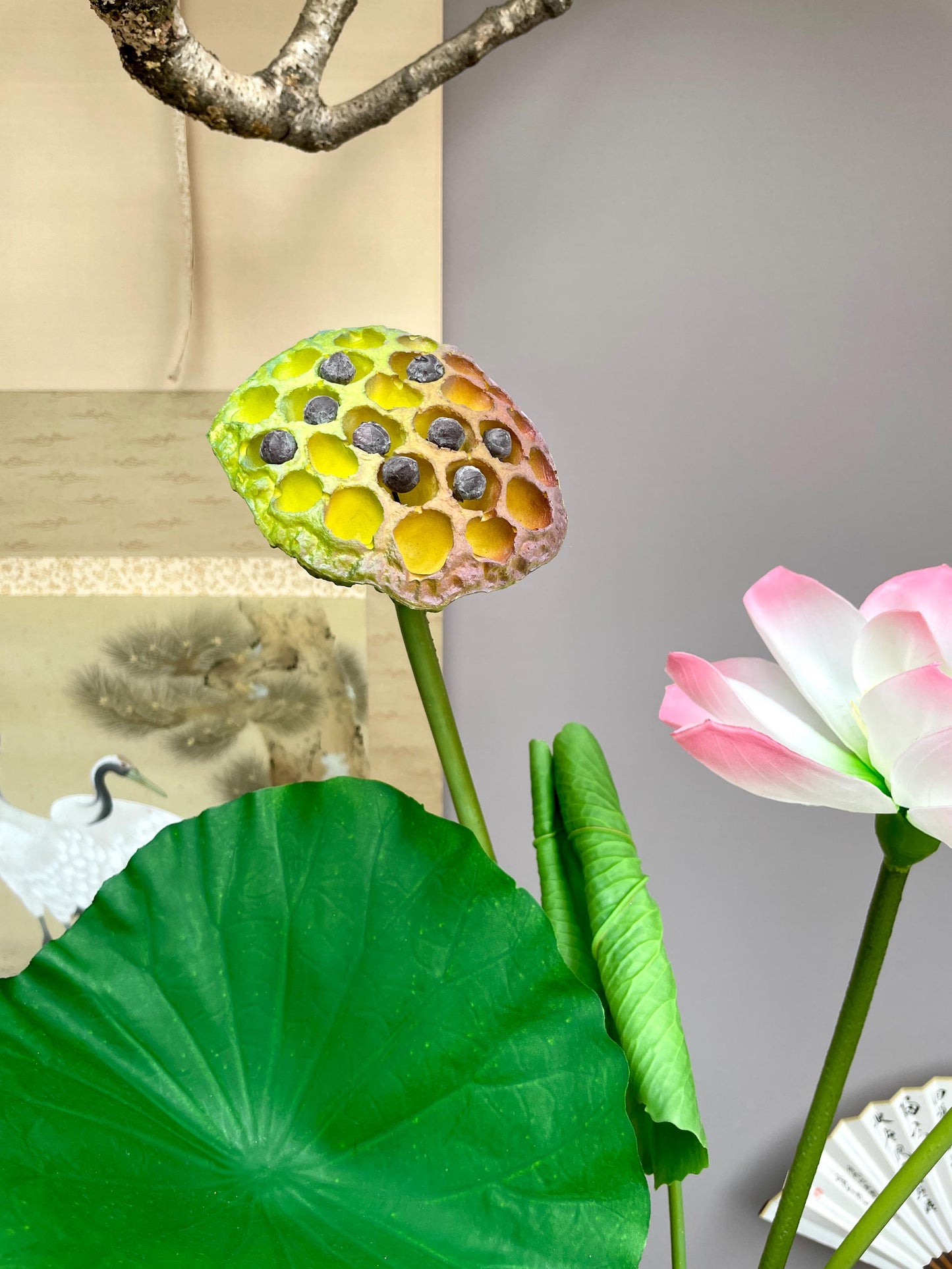 Real Touch Lotus Flower Arrangement 95cm Tall Faux Lotus Stem with Pods Artificial Lotus Bouquet Large Zen Table Decor Silk Flowers. Pink.