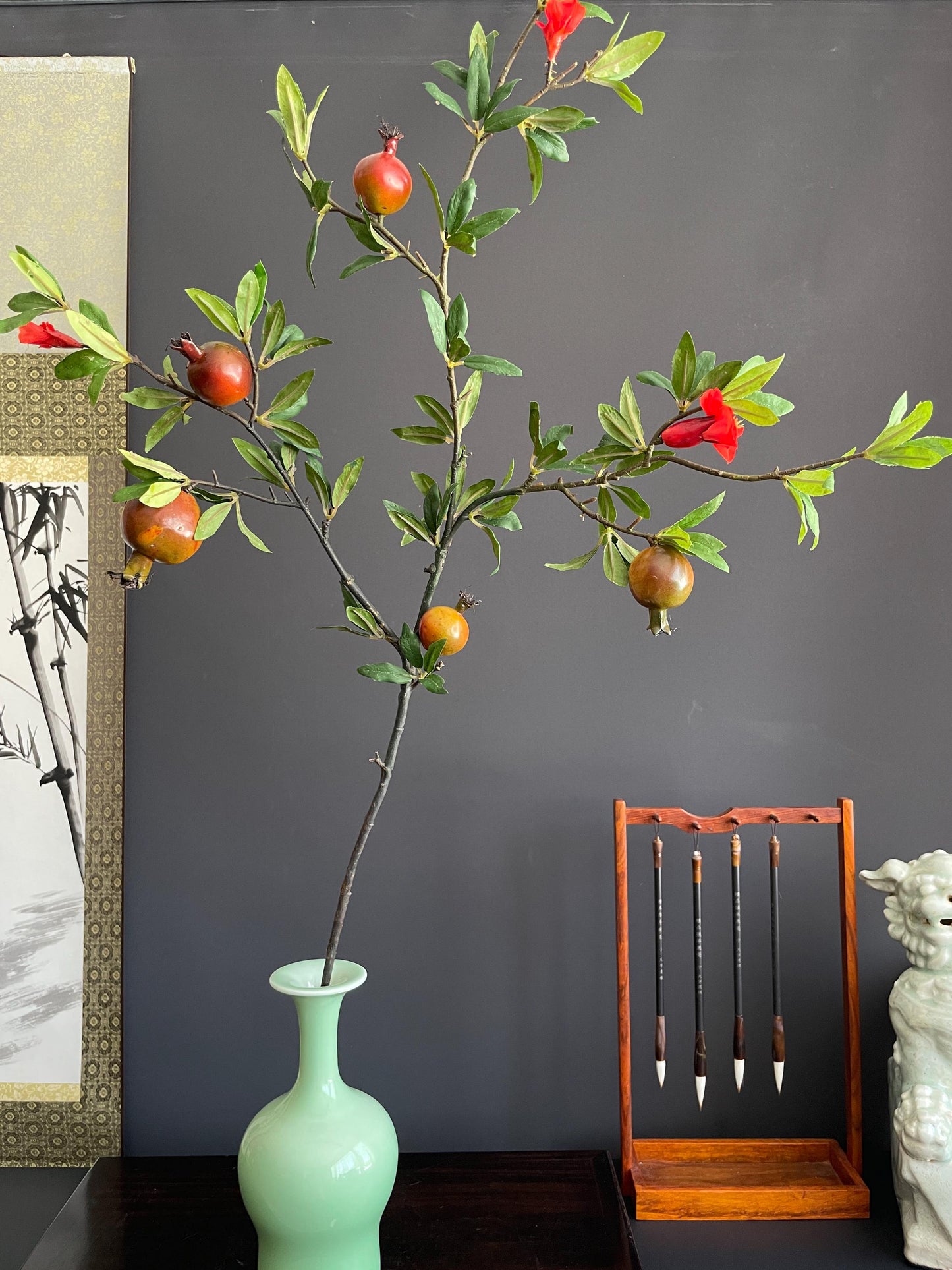 Architectural Faux Greenery Branch | Artisanal Artificial Pomegranate Stem | Vibrant Botanical Accent for Eclectic Interiors