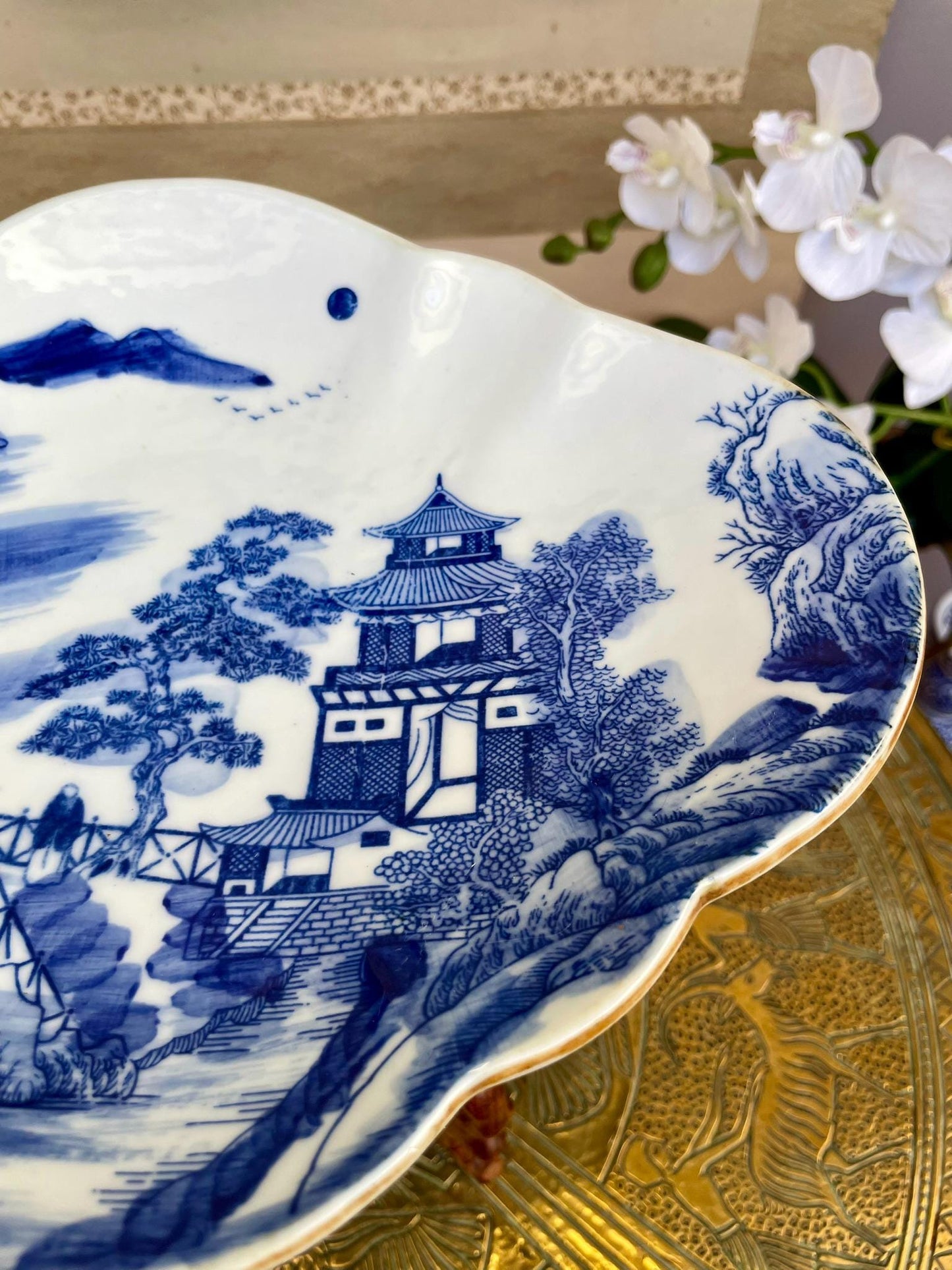 Blue and White Porcelain Dish - Hand Painted Landscape with Pagoda & Pine - Scalloped Iron-Oxide Rim - Fine Asian Home Decor