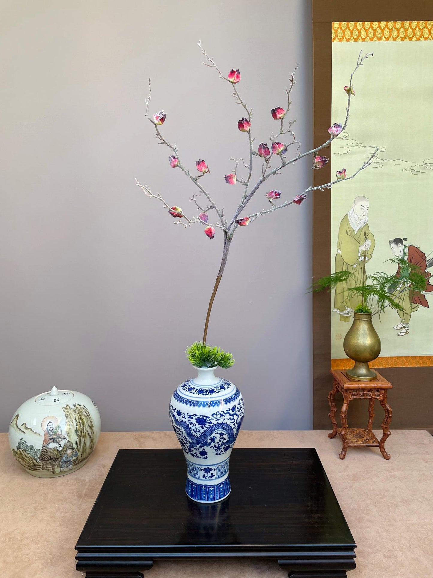 Hand-Crafted Realistic Faux Chinese Lantern Branch - Deep Red & Burgundy Buds - Winter Cherry Stem for Tall Vases Unique indoor Decor