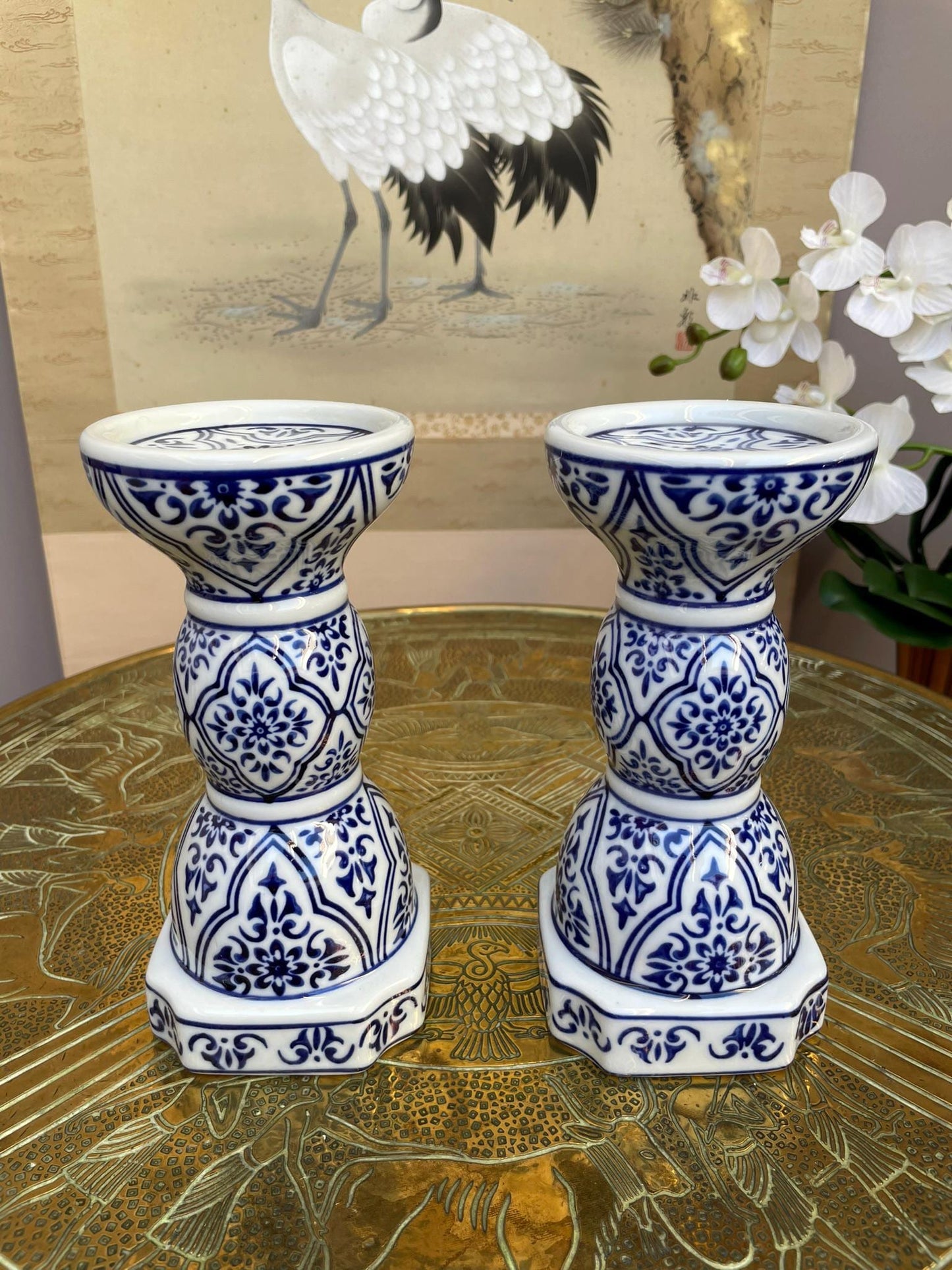 Blue and White Candlesticks Pair, Chinoiserie Taper Holders, Geometric Floral Porcelain, Grandmillennial Wedding Centerpiece, Hamptons Style