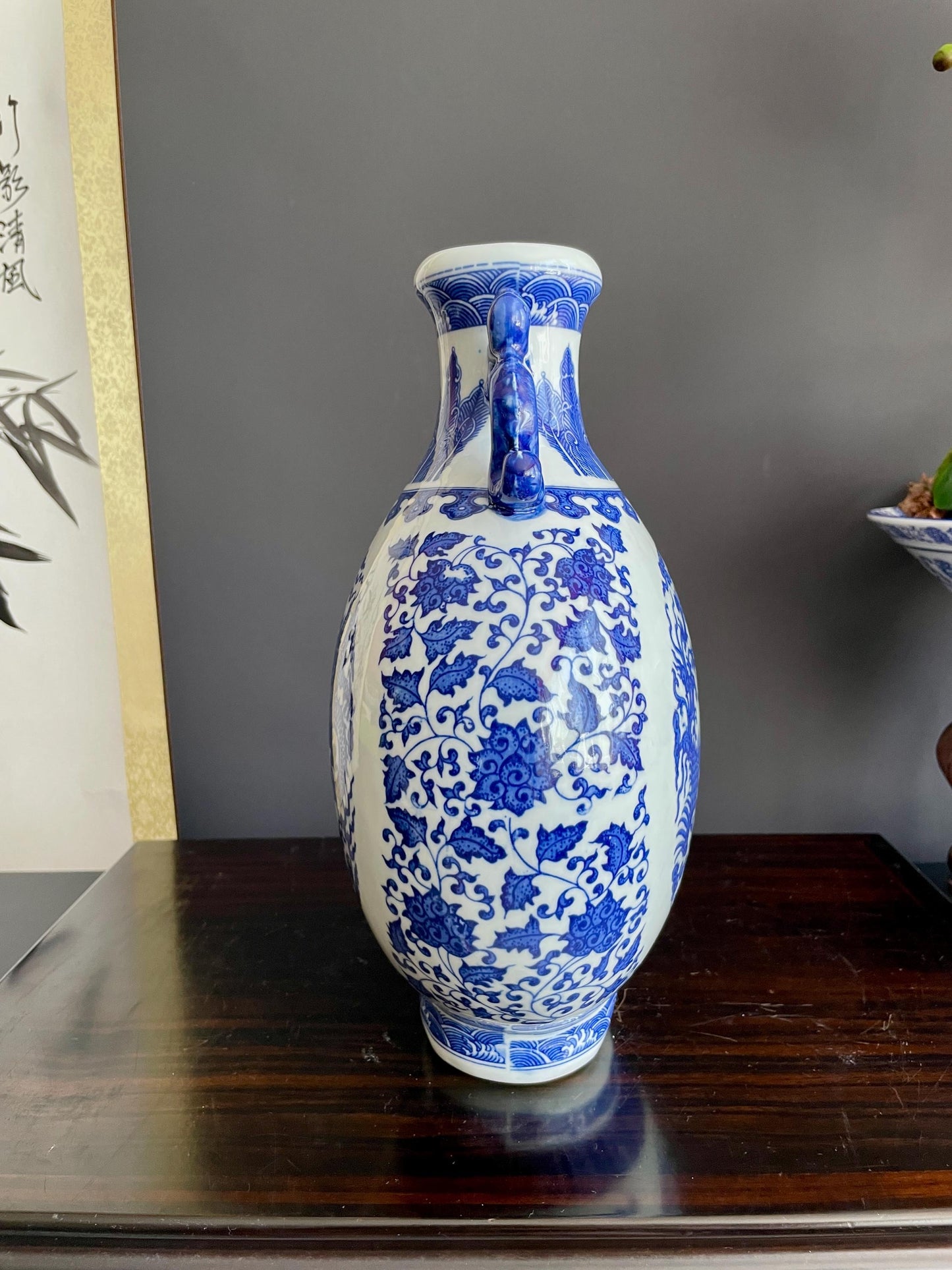 Hand Crafted Blue & White Moonflask Vase with Handles | 31cm Dragon Phoenix Porcelain Vessel Large Chinoiserie Collector Pottery