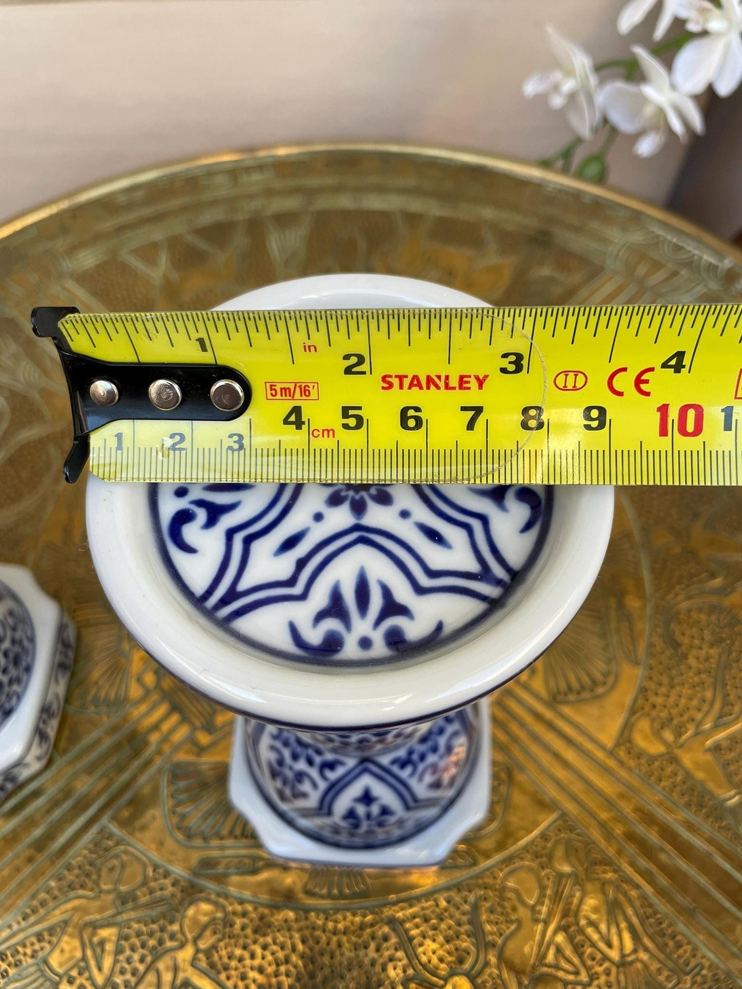 Blue and White Candlesticks Pair, Chinoiserie Taper Holders, Geometric Floral Porcelain, Grandmillennial Wedding Centerpiece, Hamptons Style