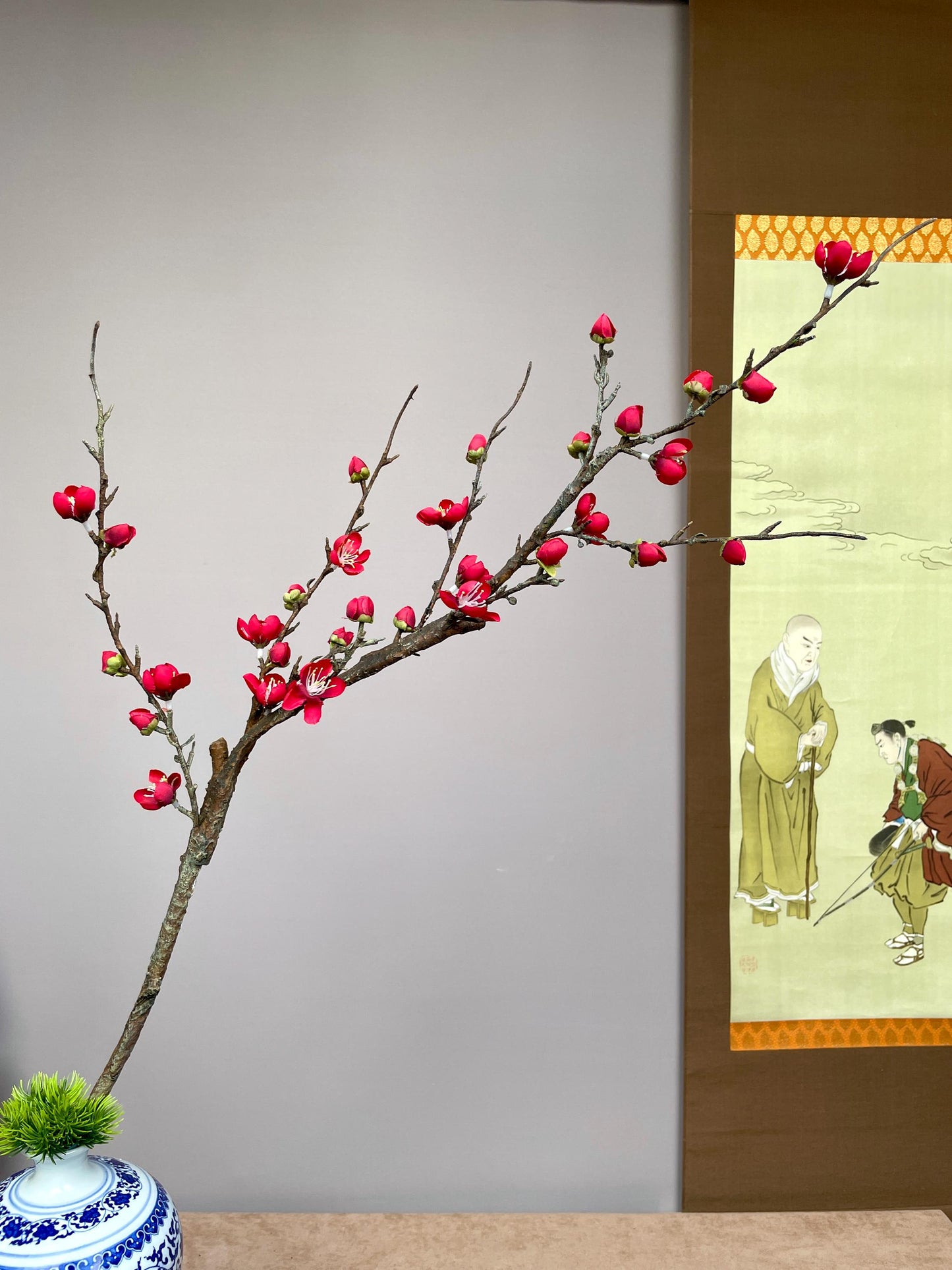 Large Realistic Red Plum Blossom Branch - Faux Winter Meihua Stem - Vivid Chinese New Year Decor Hand-Crafted Luxury Zen Floral for Vases