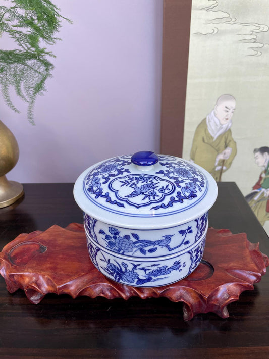 Blue and White Chinese Porcelain 2Tier Lidded Container Hand-Painted Floral & Bird Design Stacking Ceramic Storage Jar Functional Home Decor