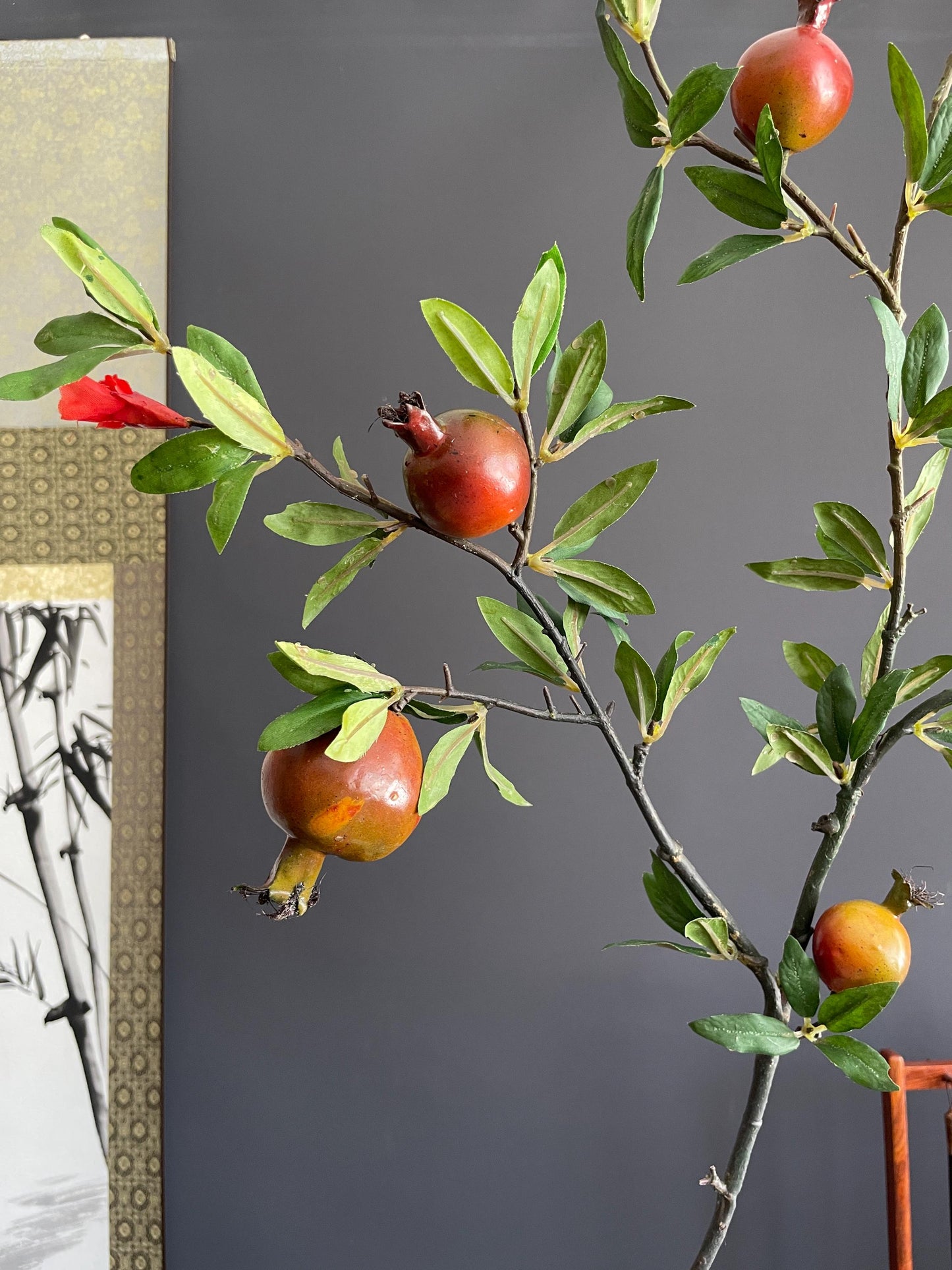Architectural Faux Greenery Branch | Artisanal Artificial Pomegranate Stem | Vibrant Botanical Accent for Eclectic Interiors