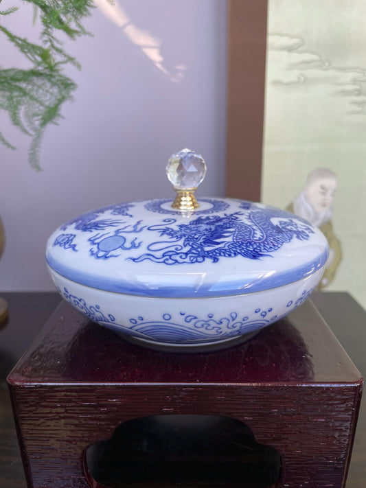 Hand-Crafted Blue and White Porcelain Dragon Jewellery Box - Lidded Trinket Jar with Crystal Knob - Chinoiserie Décor for Precious Item