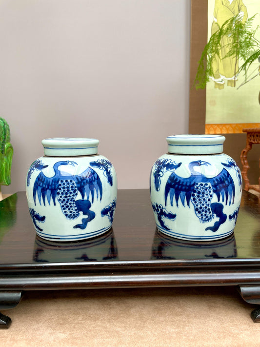 Pair of Hand Painted Blue and White Phoenix Ginger Jars, Vintage Chinese Porcelain Jars with Lids, Chinoiserie Decor Mythological Birds 11cm