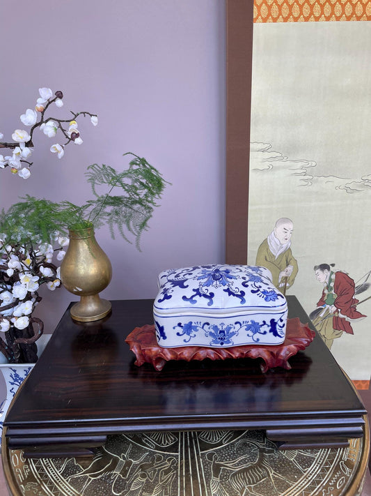 Hand-Crafted Blue and White Porcelain continuous floral Box Artisan Rectangular Jewellery Case Detailed Floral Chinoiserie Keepsake