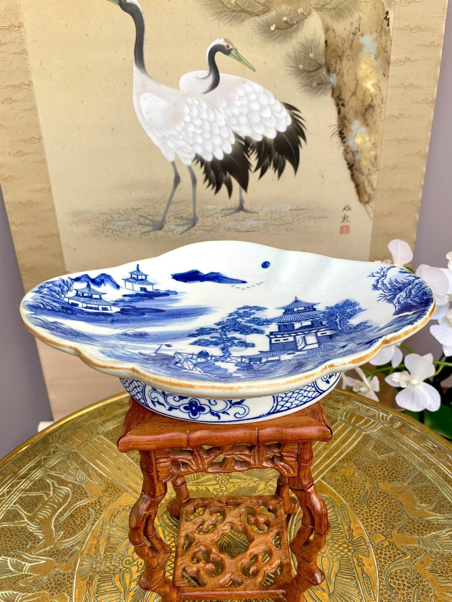 Blue and White Porcelain Dish - Hand Painted Landscape with Pagoda & Pine - Scalloped Iron-Oxide Rim - Fine Asian Home Decor