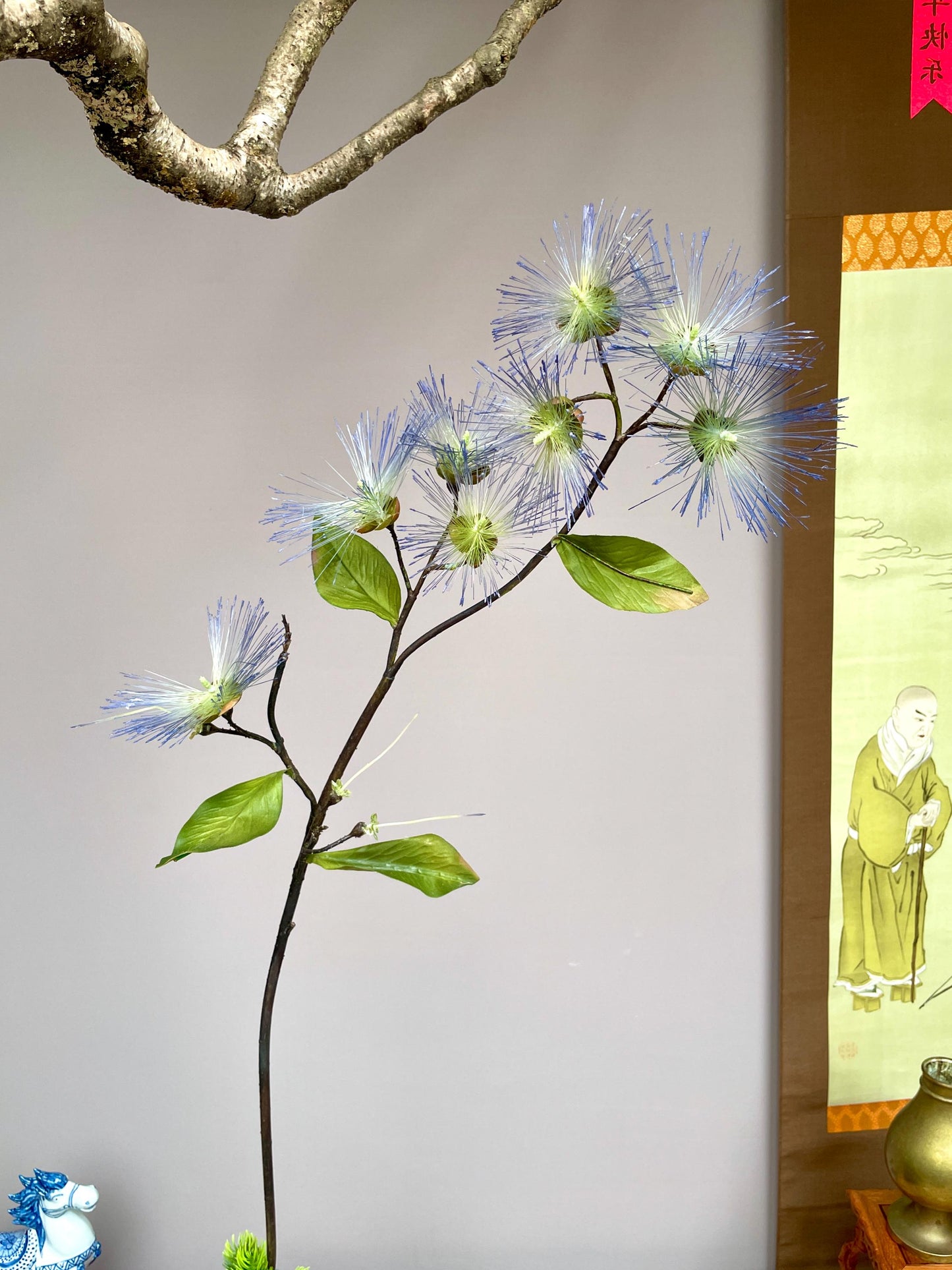 Realistic Blue Powder Puff Flower Branch - Artificial Calliandra Silk Tree Stem Zen Minimalist Home Decor Blue Pom Pom Branch High-End Faux
