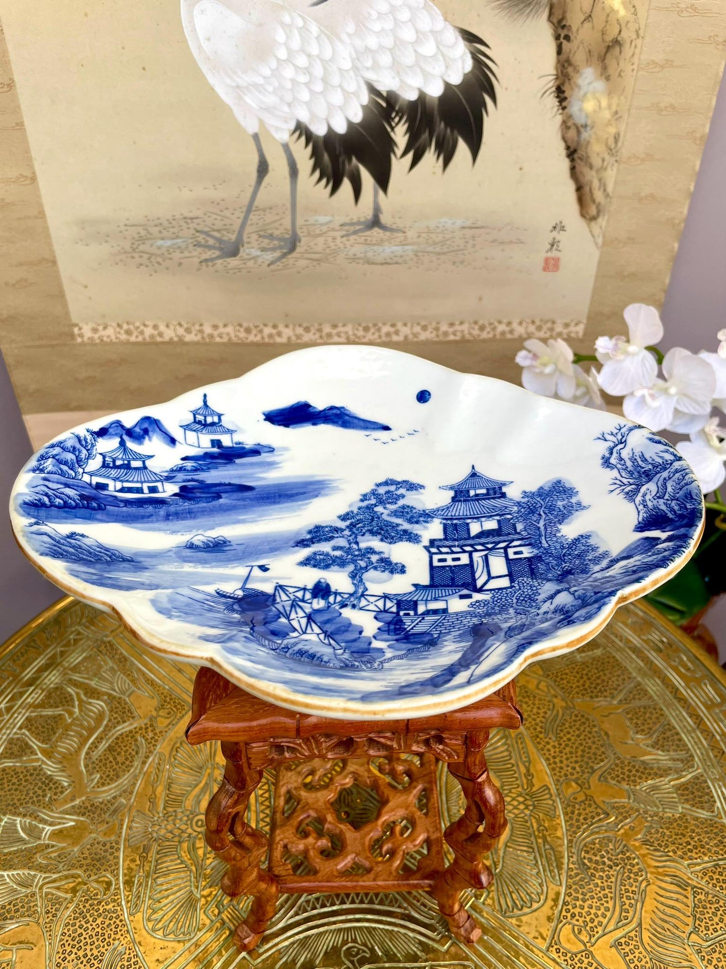 Blue and White Porcelain Dish - Hand Painted Landscape with Pagoda & Pine - Scalloped Iron-Oxide Rim - Fine Asian Home Decor