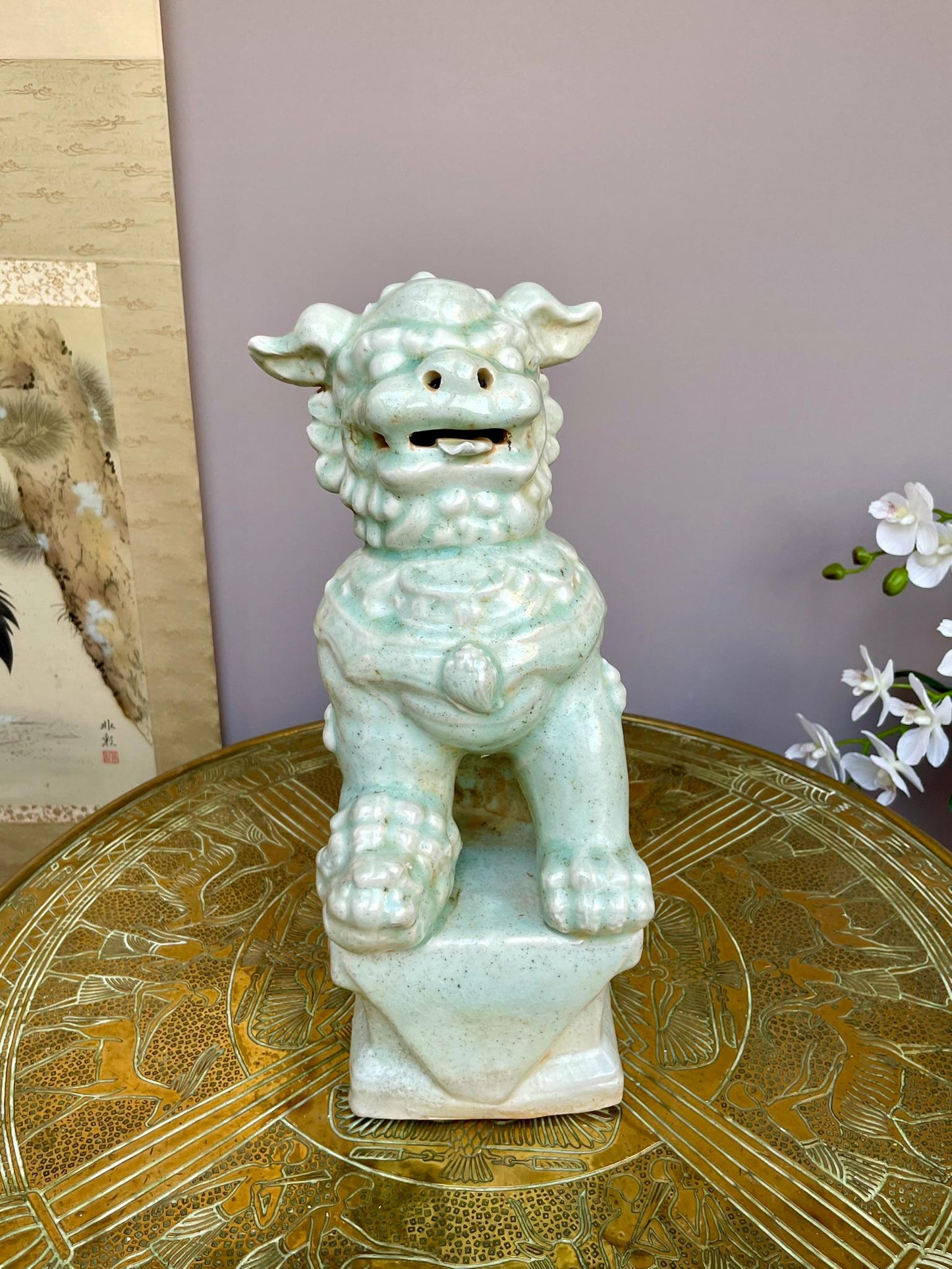 Ru-Style Celadon Foo Dog Sculpture | Celadon Guardian Lion | Chinese Art Decor | Scholar’s Studio Ornament | Ceramic Home Decor