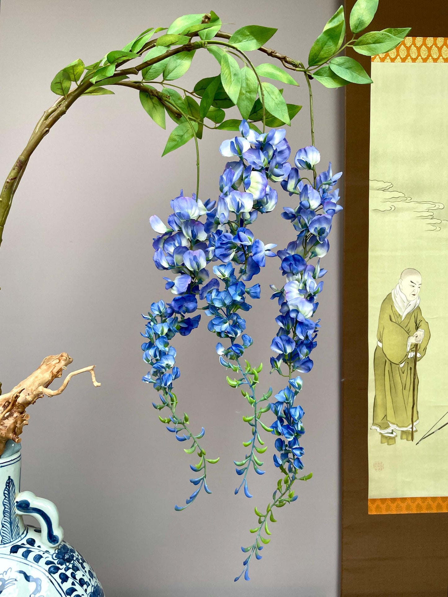 Large Realistic Artificial Wisteria Branch - Faux Blue Blossom Stem with Buds - Elegant Draping Floral for Tall Vases - Luxury Home Decor