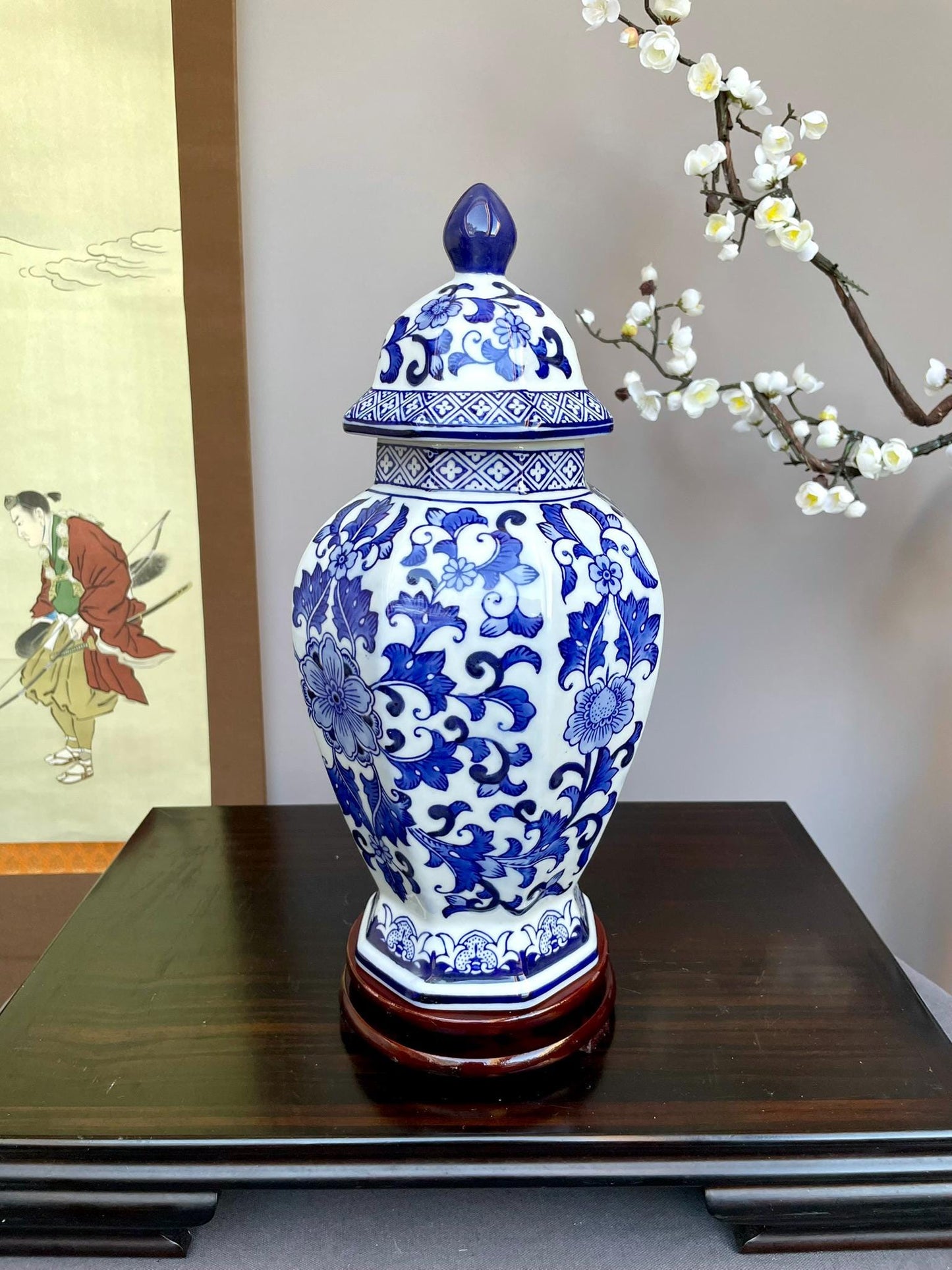 Blue & White Porcelain Ginger Jar • Hexagonal Lidded Vase with Floral Motifs • Hand-crafted Decorative Jar • Classic Oriental Home Decor