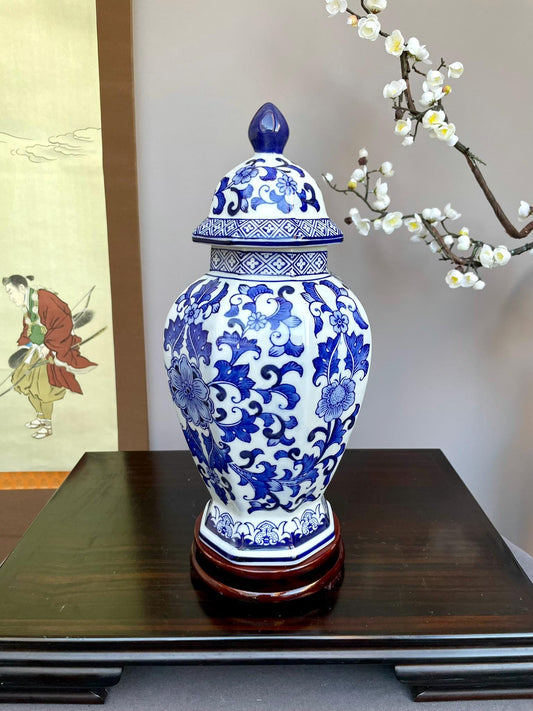 Blue & White Porcelain Ginger Jar • Hexagonal Lidded Vase with Floral Motifs • Hand-crafted Decorative Jar • Classic Oriental Home Decor