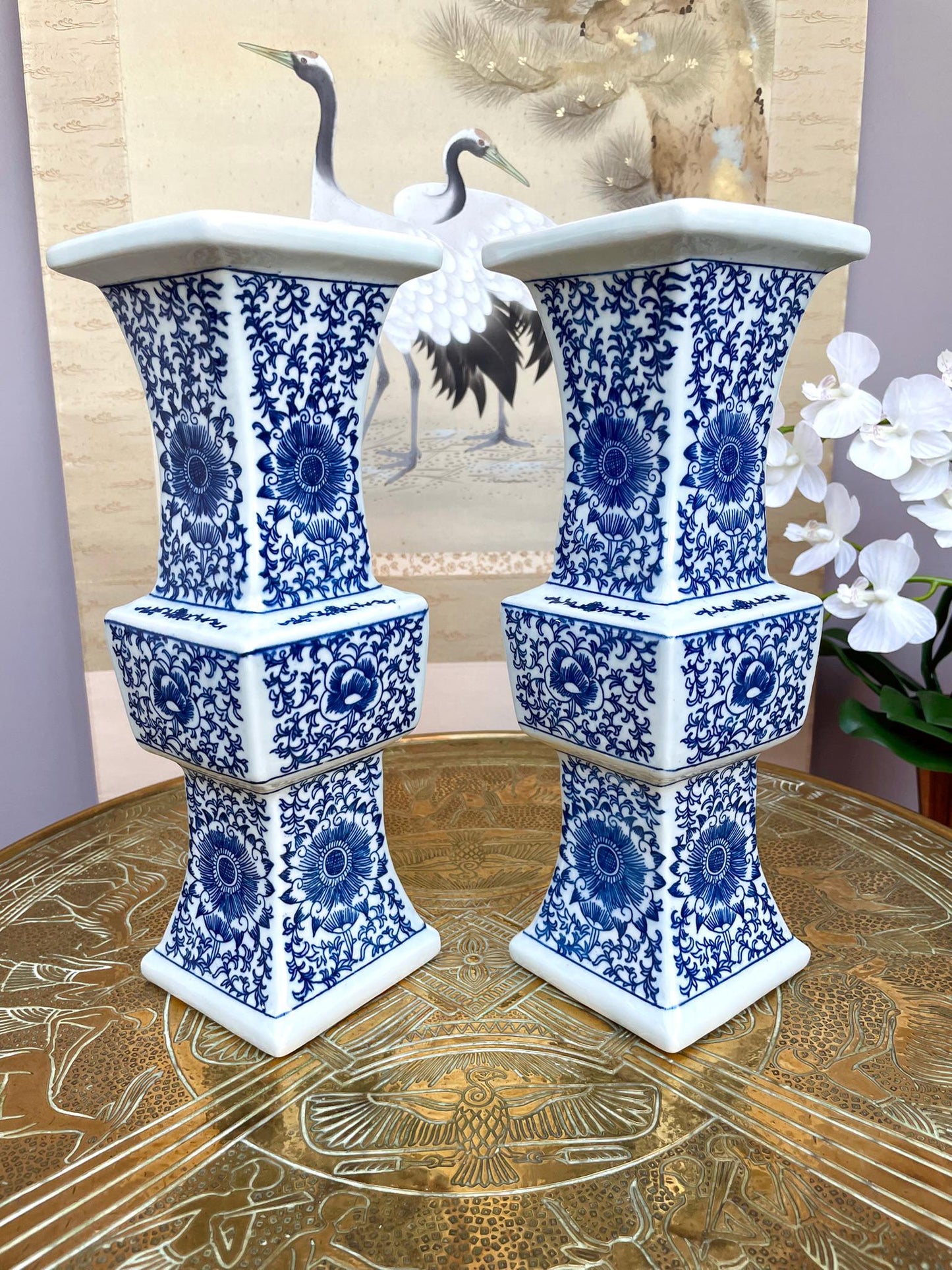 pair of Blue & White Porcelain Altar Candle Holders • Imperial Ritual Vessel Pair • Heaven–Earth–Human 3 section  Chinoiserie Floral design