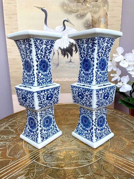 pair of Blue & White Porcelain Altar Candle Holders • Imperial Ritual Vessel Pair • Heaven–Earth–Human 3 section  Chinoiserie Floral design