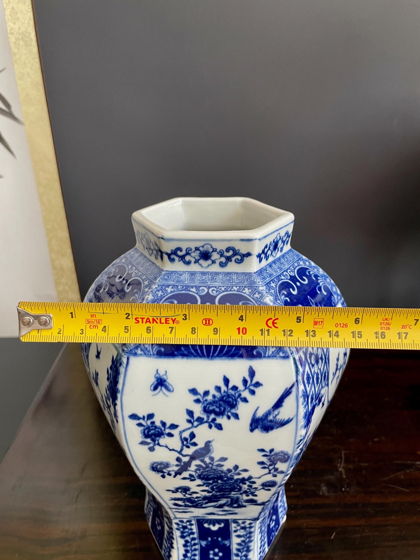 Hand Crafted Blue & White Hexagon Porcelain Vase with Lid | Six Sided 30cm Ceramic Temple Jar | Unique Multi Panel Chinoiserie Decor